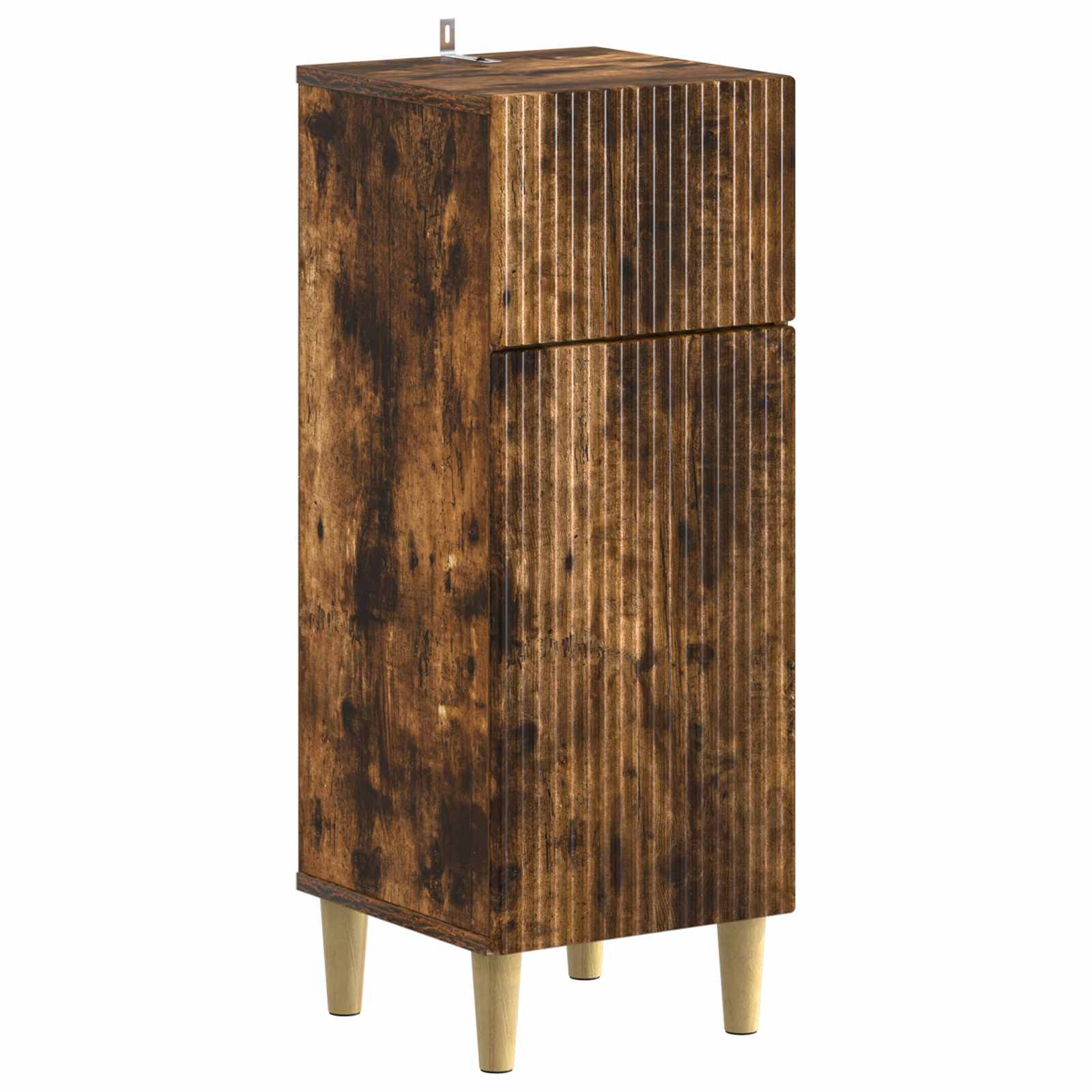 Hoher Holzschrank mit gerippten Frontpaneelen und verjüngten Beinen, dargestellt vor weißem Hintergrund.