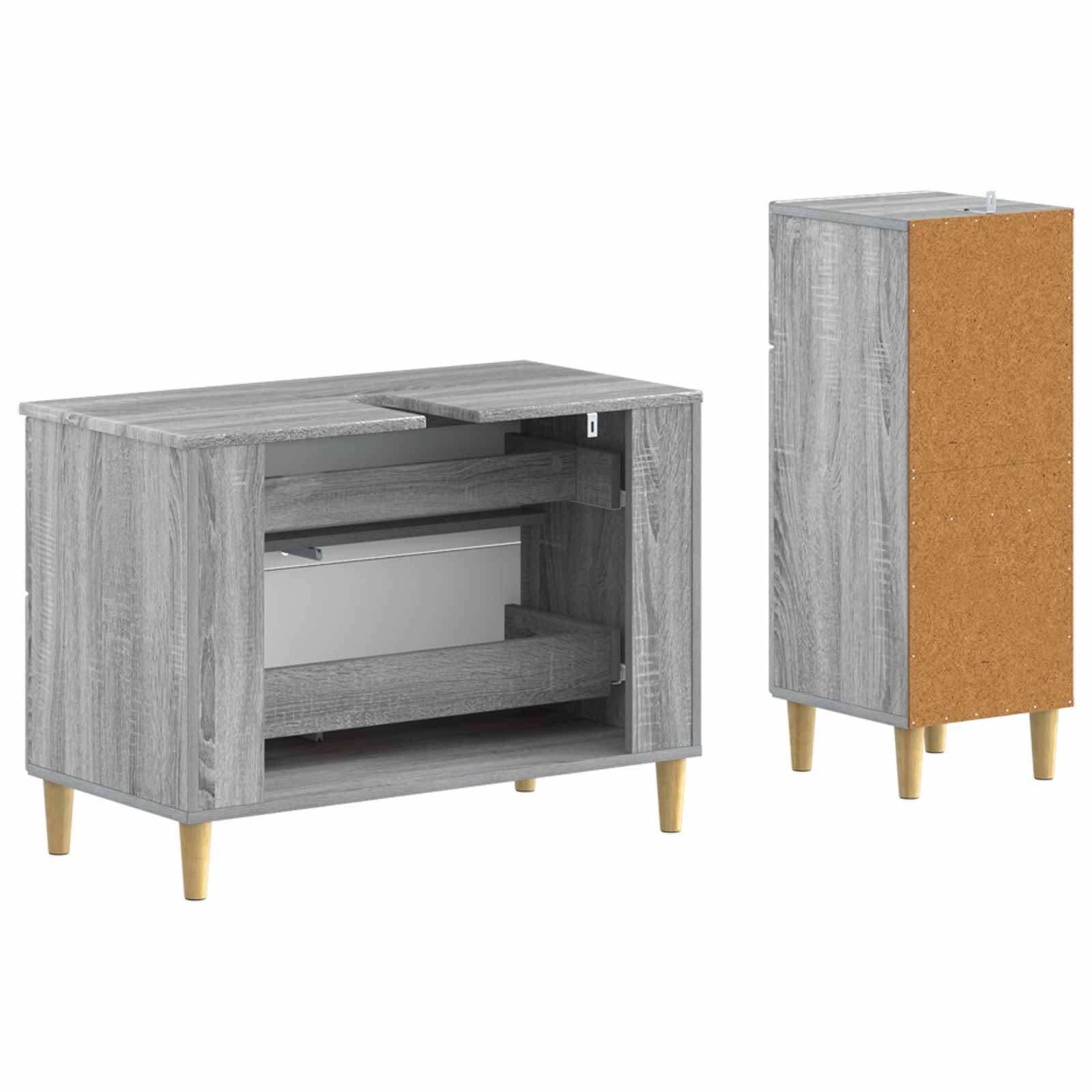 Grauer Holzschrank, offen und geschlossen dargestellt, mit Korkeitenwand und konischen Holzbeinen.