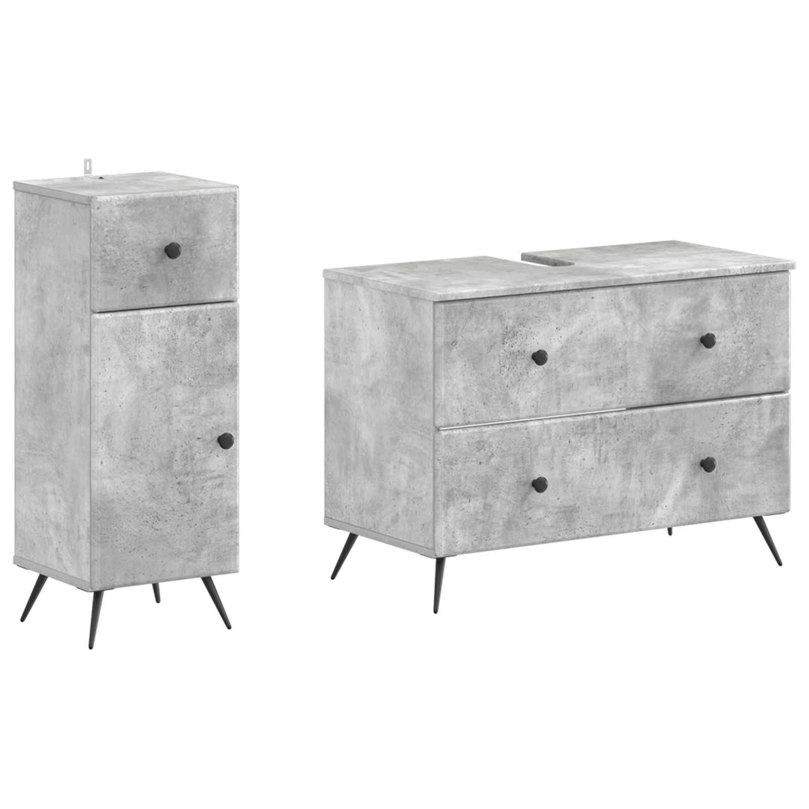 Schrank mit Betonoptik, shown in zwei Konfigurationen: hohes, schmales Einzeltürmodell und breiteres Zwei-Schubladen-Sideboard, jeweils auf schwarzen Beinen.
