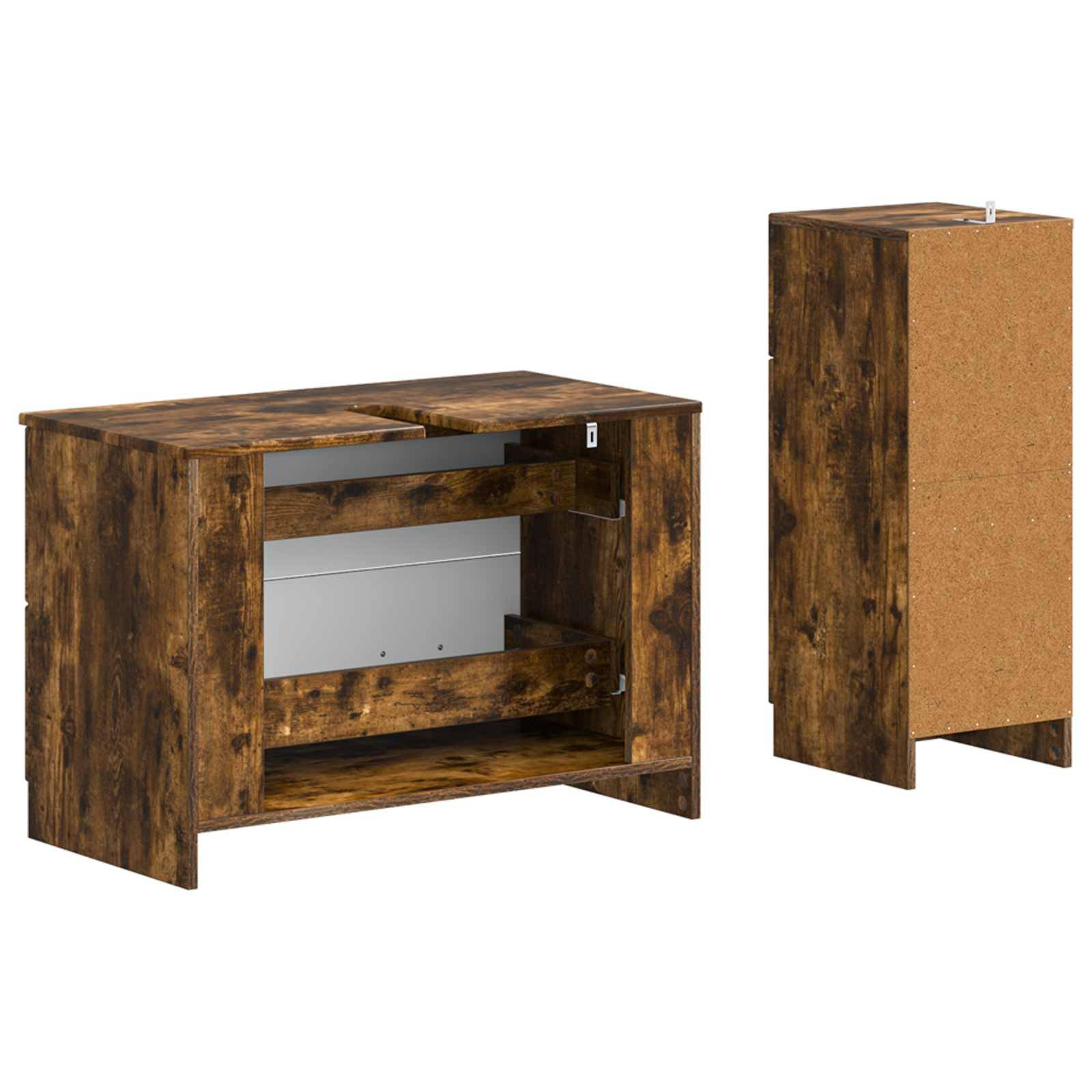 Holzschreibtischschrank, geöffnet und geschlossen dargestellt, mit klappbarem Frontpaneel und innerem Regal zur Aufbewahrung.