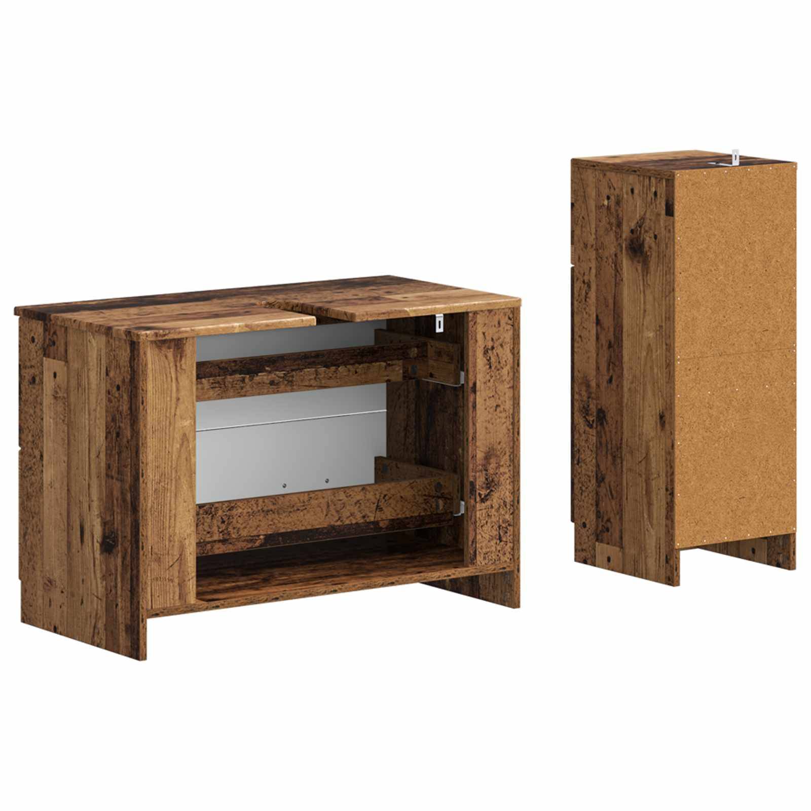 Holzoptik-Schreibtischschrank mit Klappmechanismus, geöffnet und geschlossen dargestellt, mit kompaktem Lagerungsinneren und Scharnierflügeln für platzsparende Nutzung.