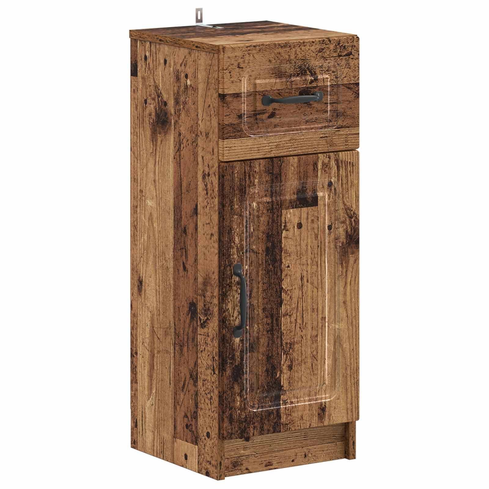 Hoher rustikaler Holzschrank mit einer oberen Schublade und einer unteren Tür, mit einer verwitterten Holzmaserung und schwarzen Metallgriffen.