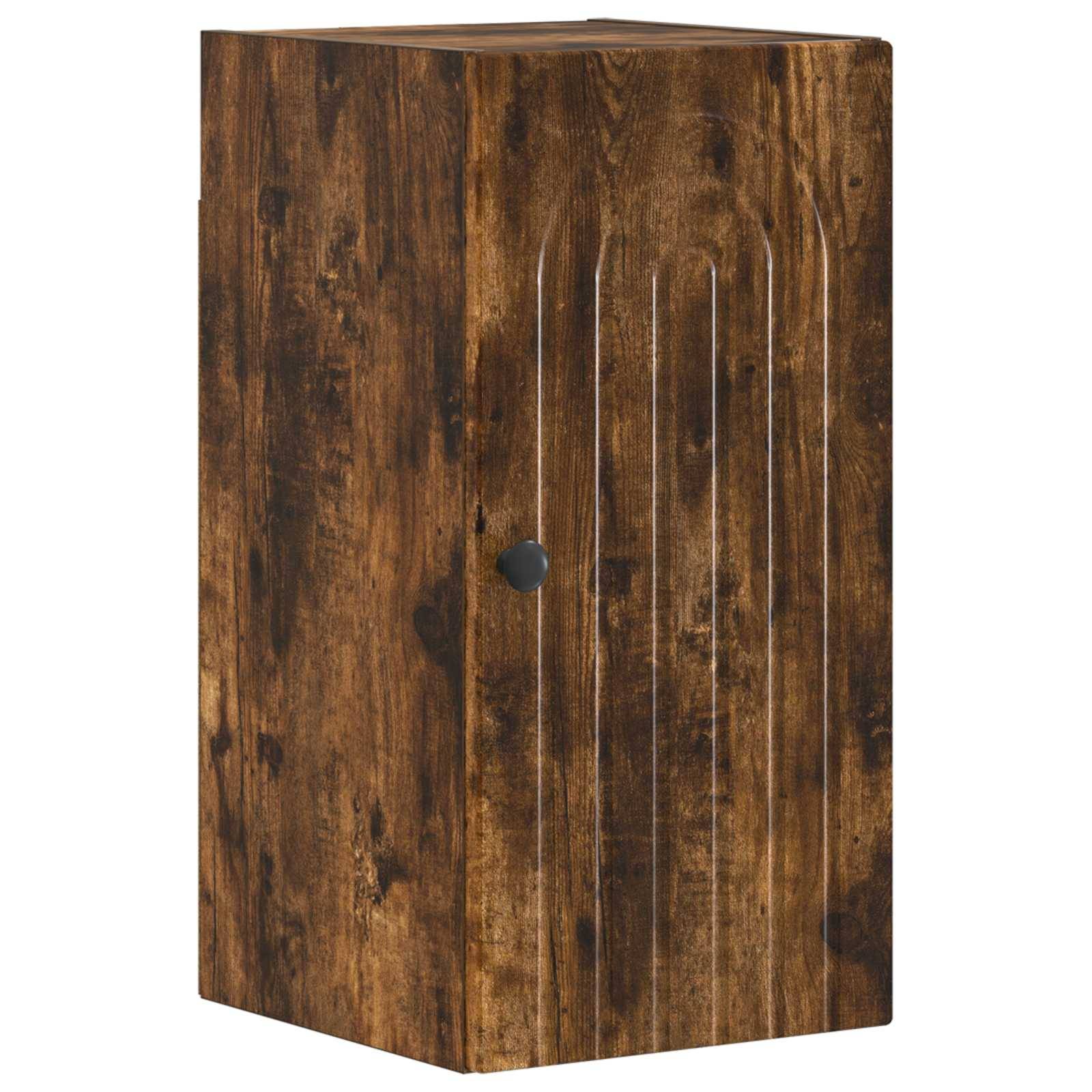 Ein hohes Schrank aus dunklem Holz mit einer einzelnen Tür und einem runden Griff, dargestellt vor einem schlichten weißen Hintergrund.