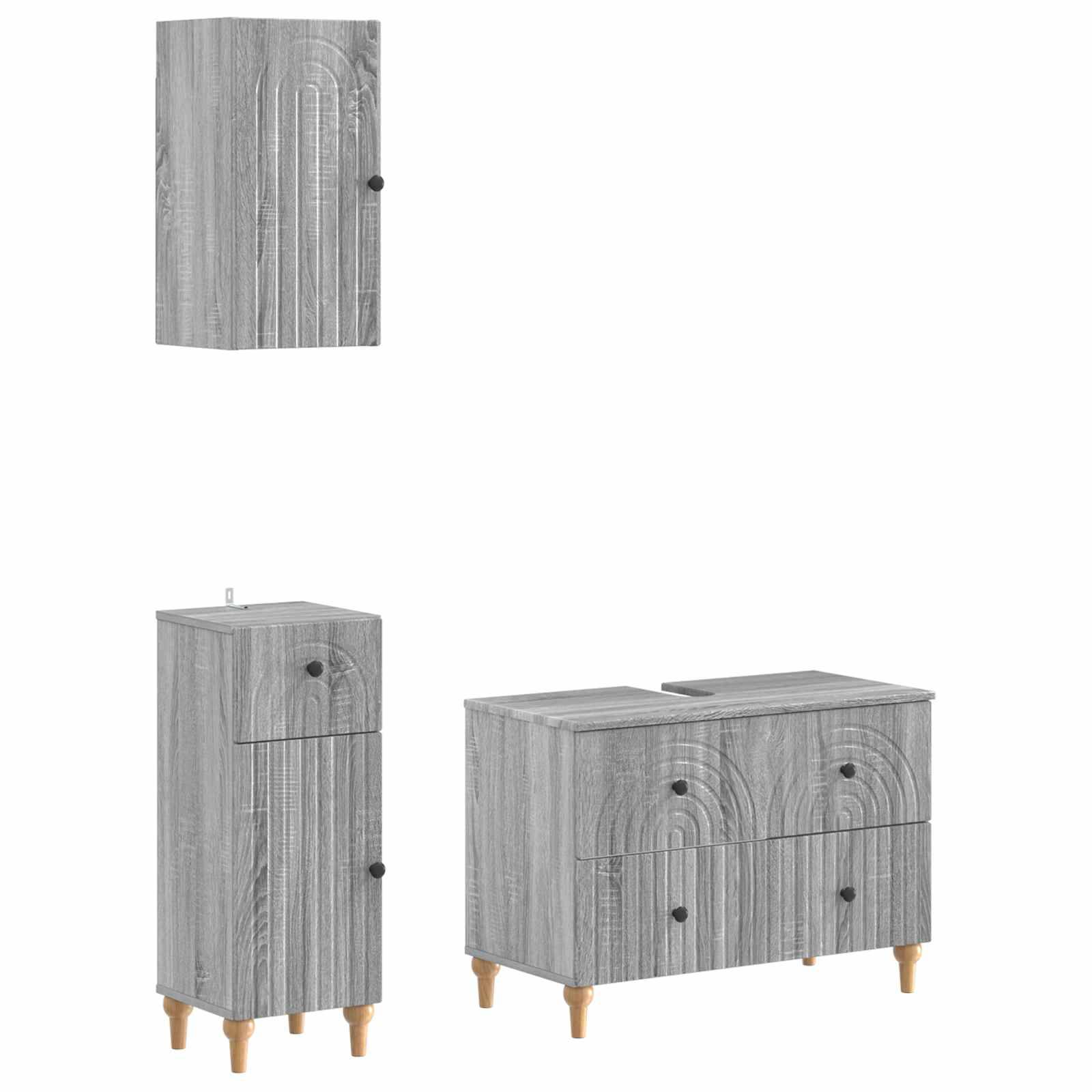 Möbel mit grauer Holzmaserung in drei Ansichten gezeigt: Wandschrank, hoher schmaler Lagerschrank und niedriges Sideboard mit vier Beinen.