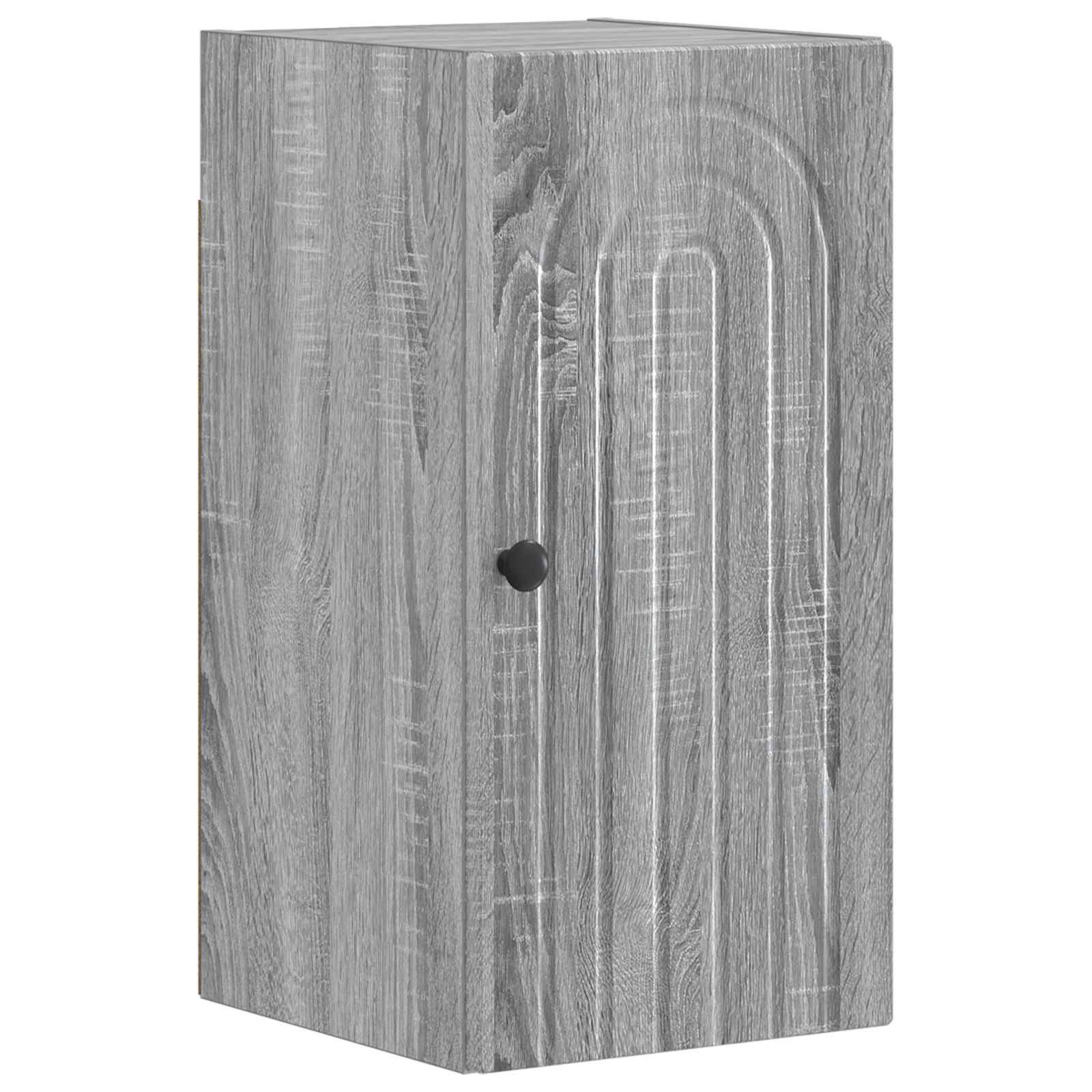 Schrankkasten mit Holzmaserung und einem einzelnen dunklen runden Knopf auf der Vorderseite, vor weißem Hintergrund dargestellt.