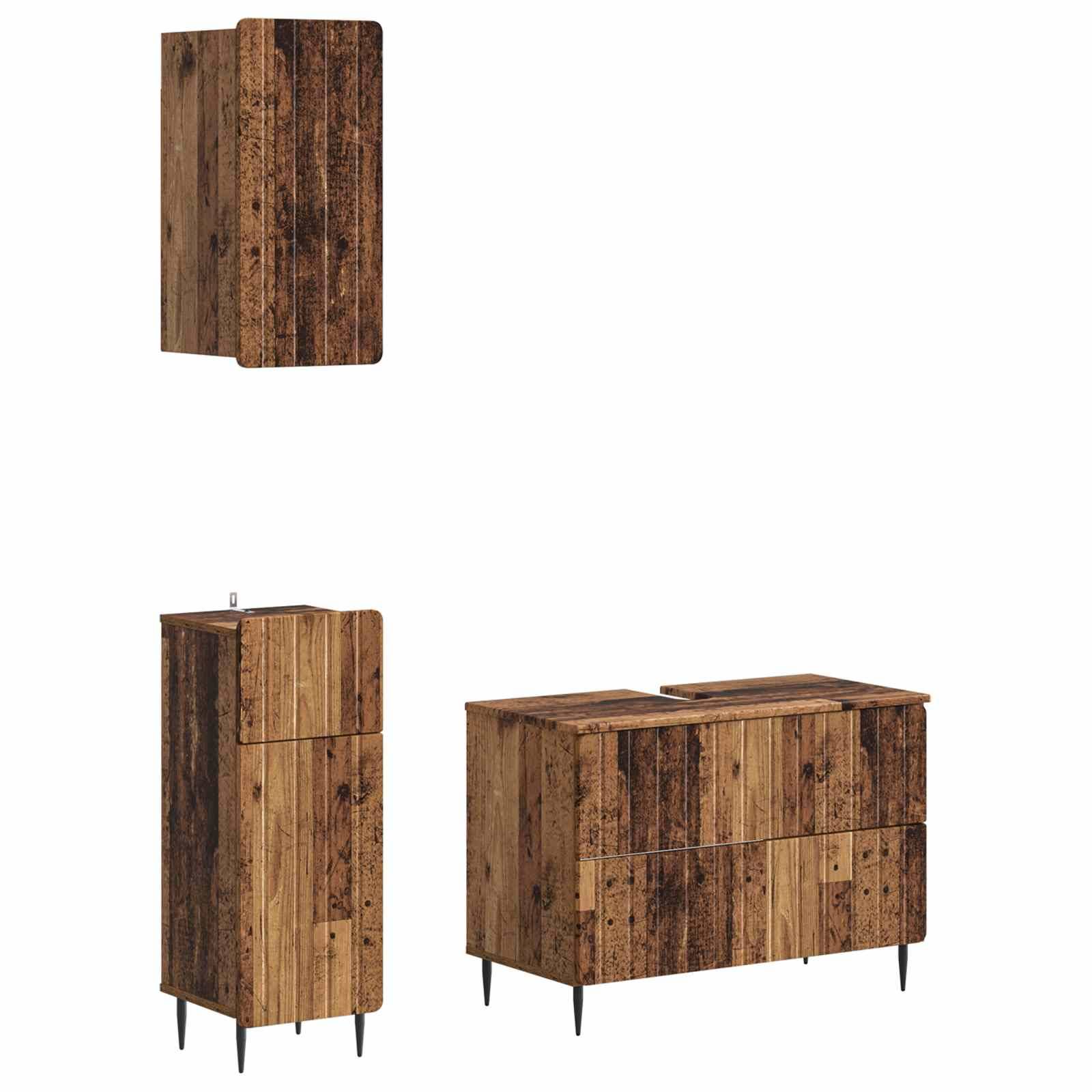 Satz aus rustikalen Möbeln mit Holzfinish bestehend aus einem Wandschrank, einem hohen Schrank und einem niedrigen Sideboard auf dünnen schwarzen Beinen.