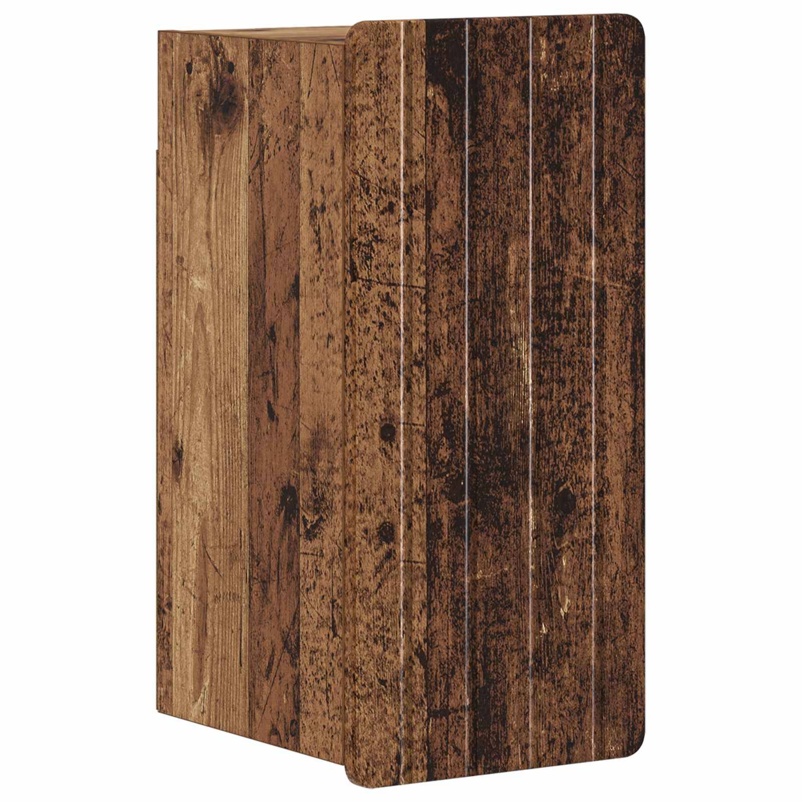 Braun verwittertes Holz mit Textur, rechteckiger Deckel oder Kasten, aufrecht auf weißem Hintergrund abgebildet.