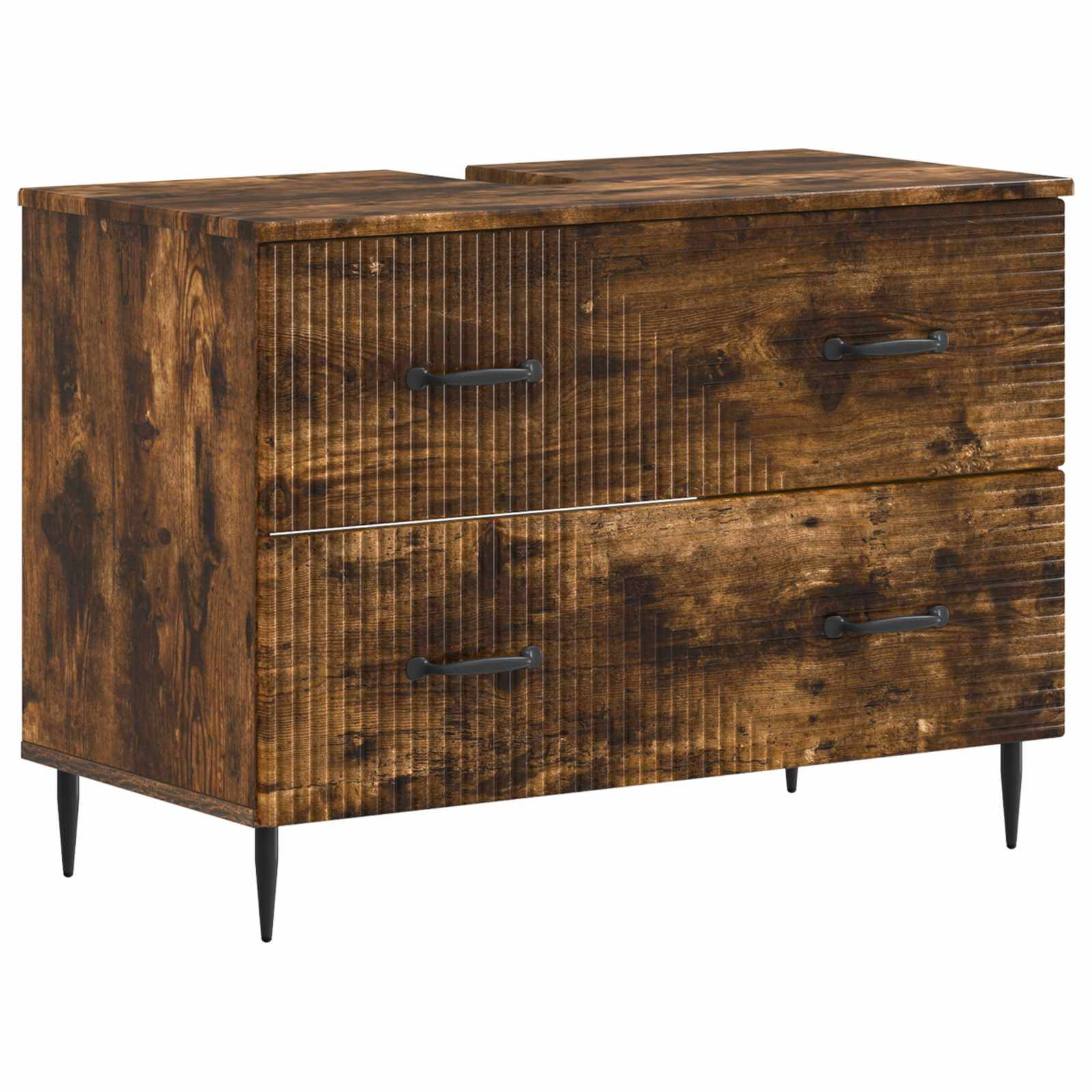 Holzkommode mit zwei Schubladen, dunklem Rustikal-Finish, gerippten Frontpaneelen, schwarzen Griffen und verjüngten Beinen auf weißem Hintergrund.
