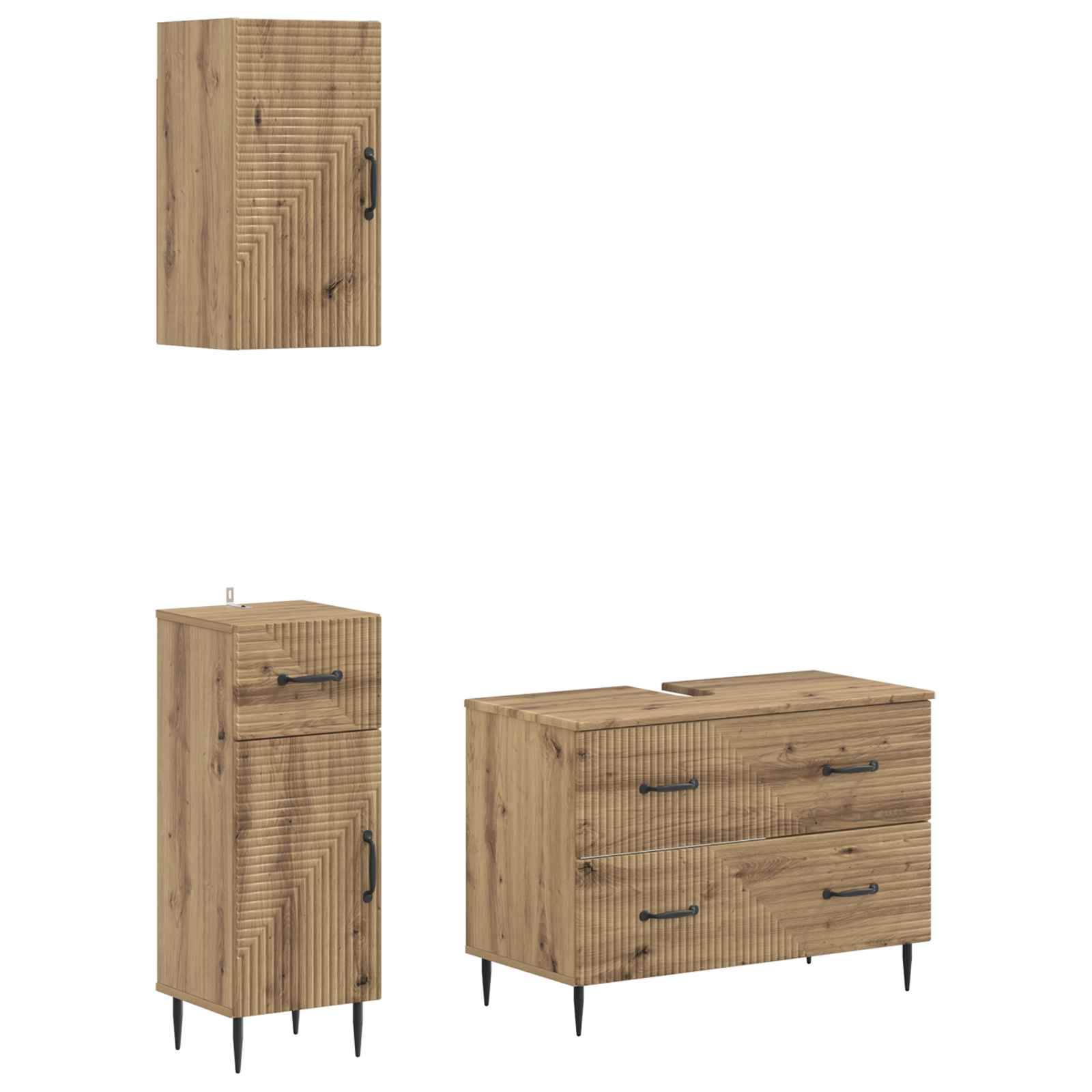 Satz aus drei aufeinander abgestimmten Holzschrankeinheiten mit geometrisch geschnitzten Fronten und schwarzen Griffen: Wandschrank, hoher Standschrank und niedriges Sideboard.