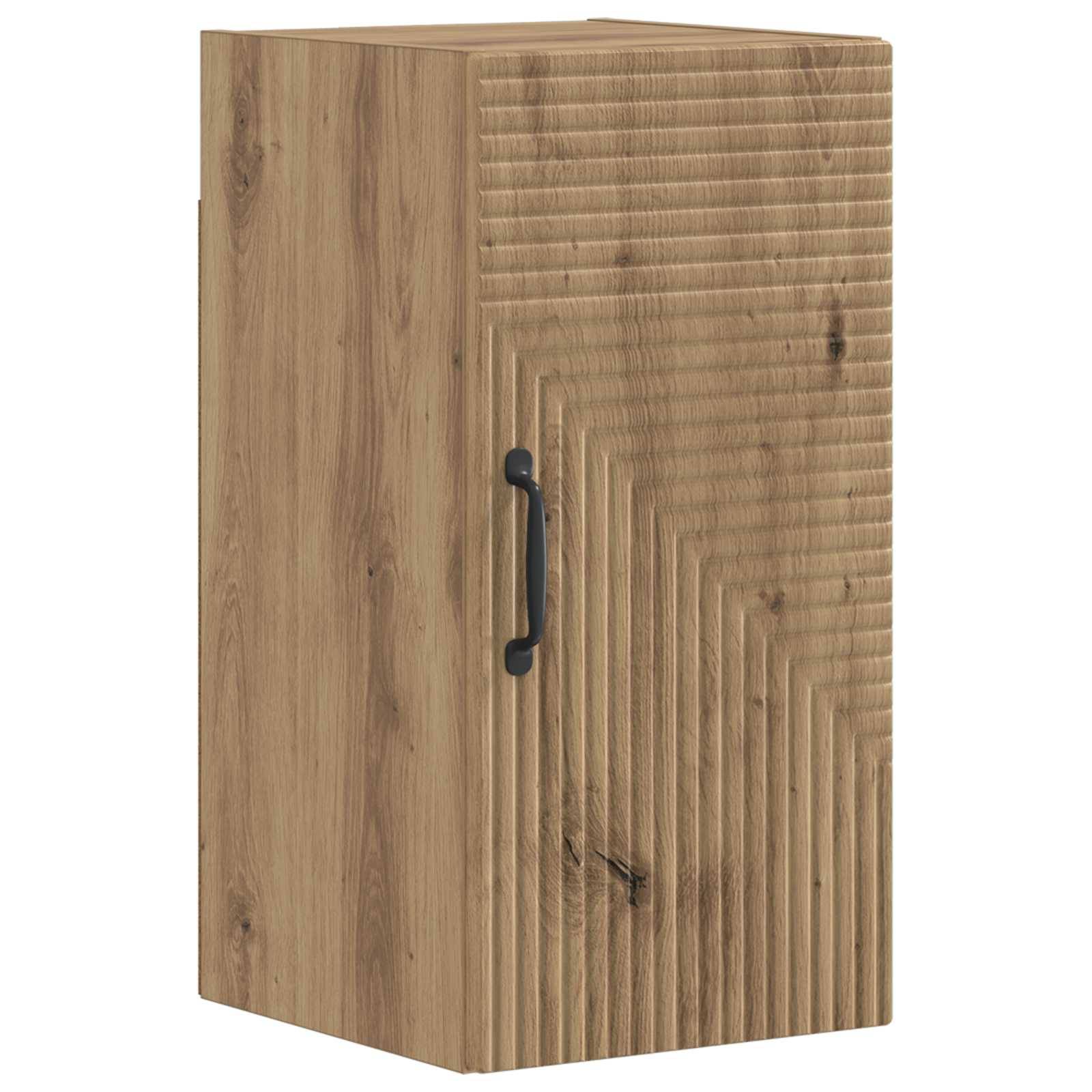 Holzschrank mit einem einzelnen schwarzen Griff, mit einer glatten linken Seite und einem gerippten, strukturierten vorderen Panel.
