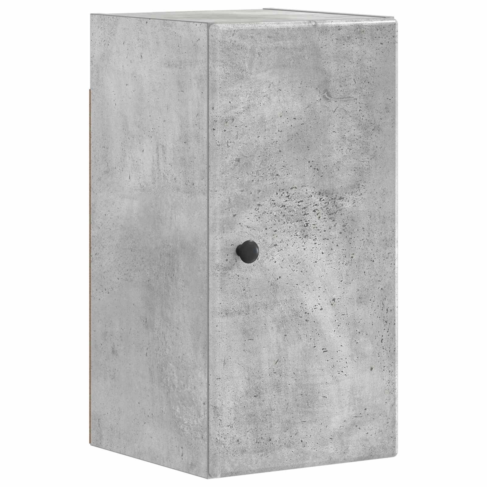 Hoher rechteckiger Betonschrank mit einem einzigen runden schwarzen Knauf an der Vorderseite, dargestellt vor weißem Hintergrund.