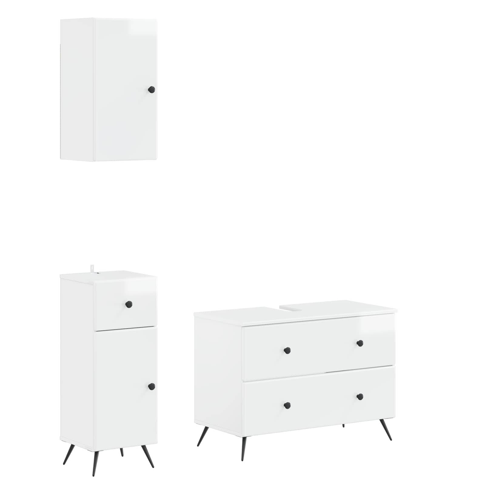 Weiße moderne Lagermöbel-Set: Wandschrank, hoher Schrank und niedriges Sideboard mit schwarzen Beinen und runden schwarzen Griffen.