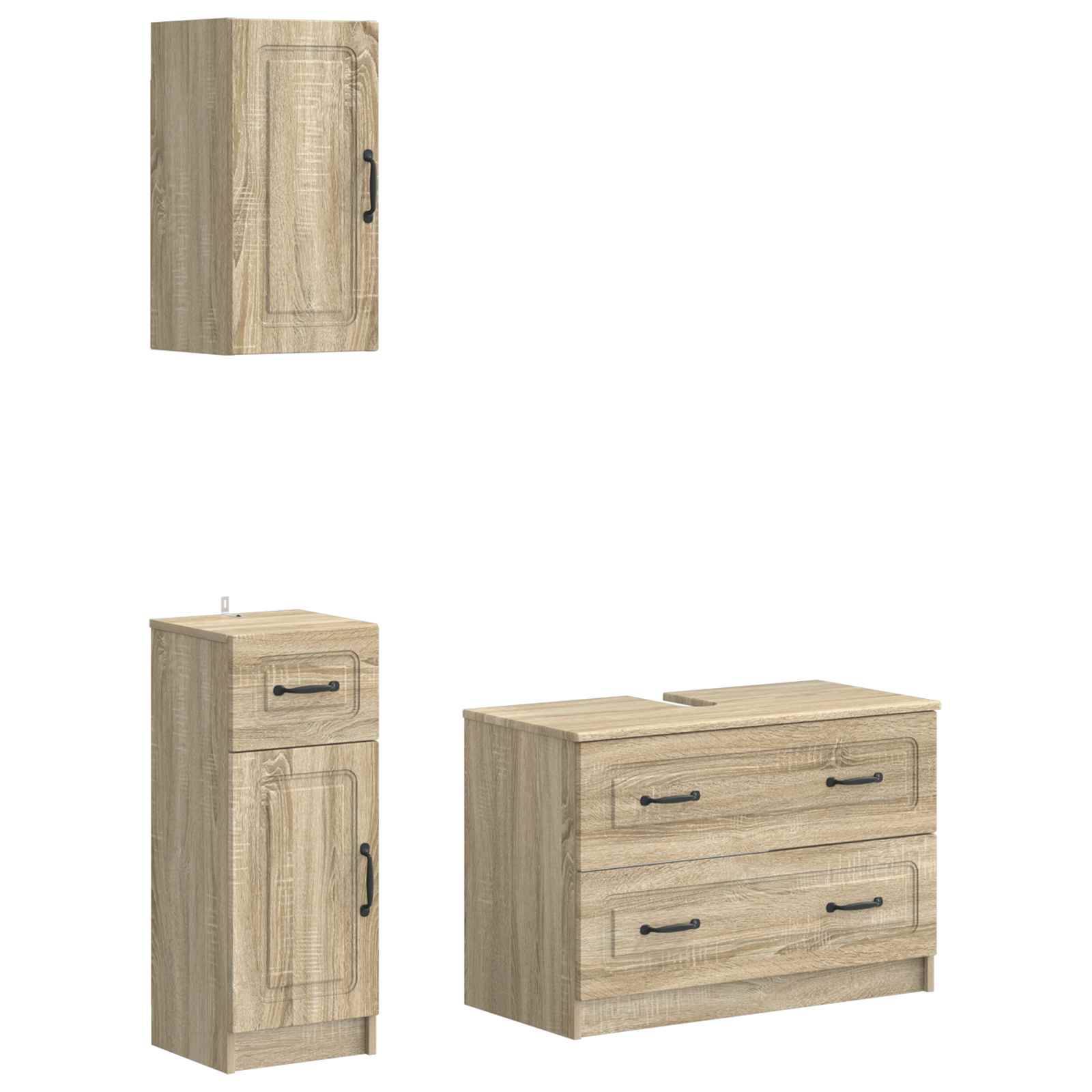 Drei hellholz-Badezimmerschränke in verschiedenen Größen dargestellt: ein Wandschrank, ein hoher Standschrank und ein niedriger Schubladenschrank mit schwarzen Griffen.