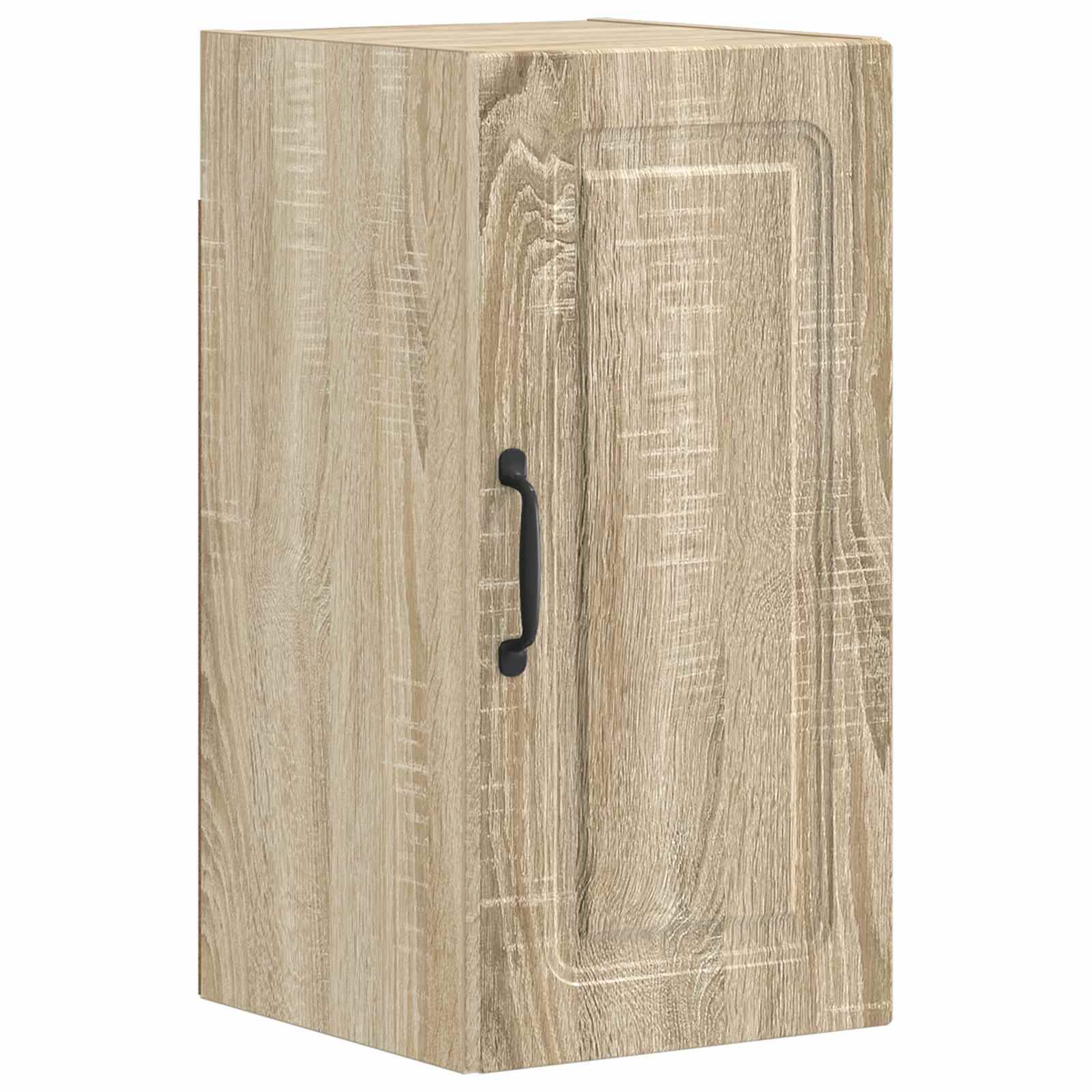 Schranktür aus Holz mit schwarzem vertikalem Griff, dargestellt auf einfachem weißem Hintergrund.