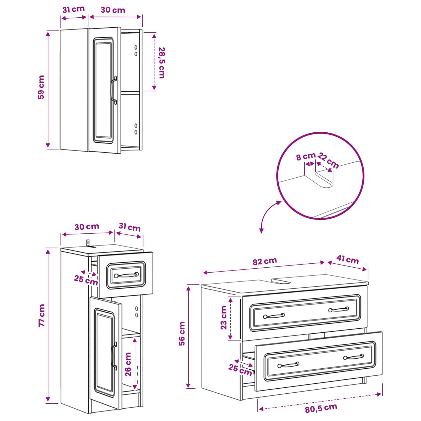 Technisches Diagramm mit Schrankabmessungen in drei Ansichten, mit Messwerten in cm: 59 cm hohes Seitenpaneel, 77 cm hohes Gerät und 56 cm breite Doppelschublade mit eingelassetem Griffdetail.