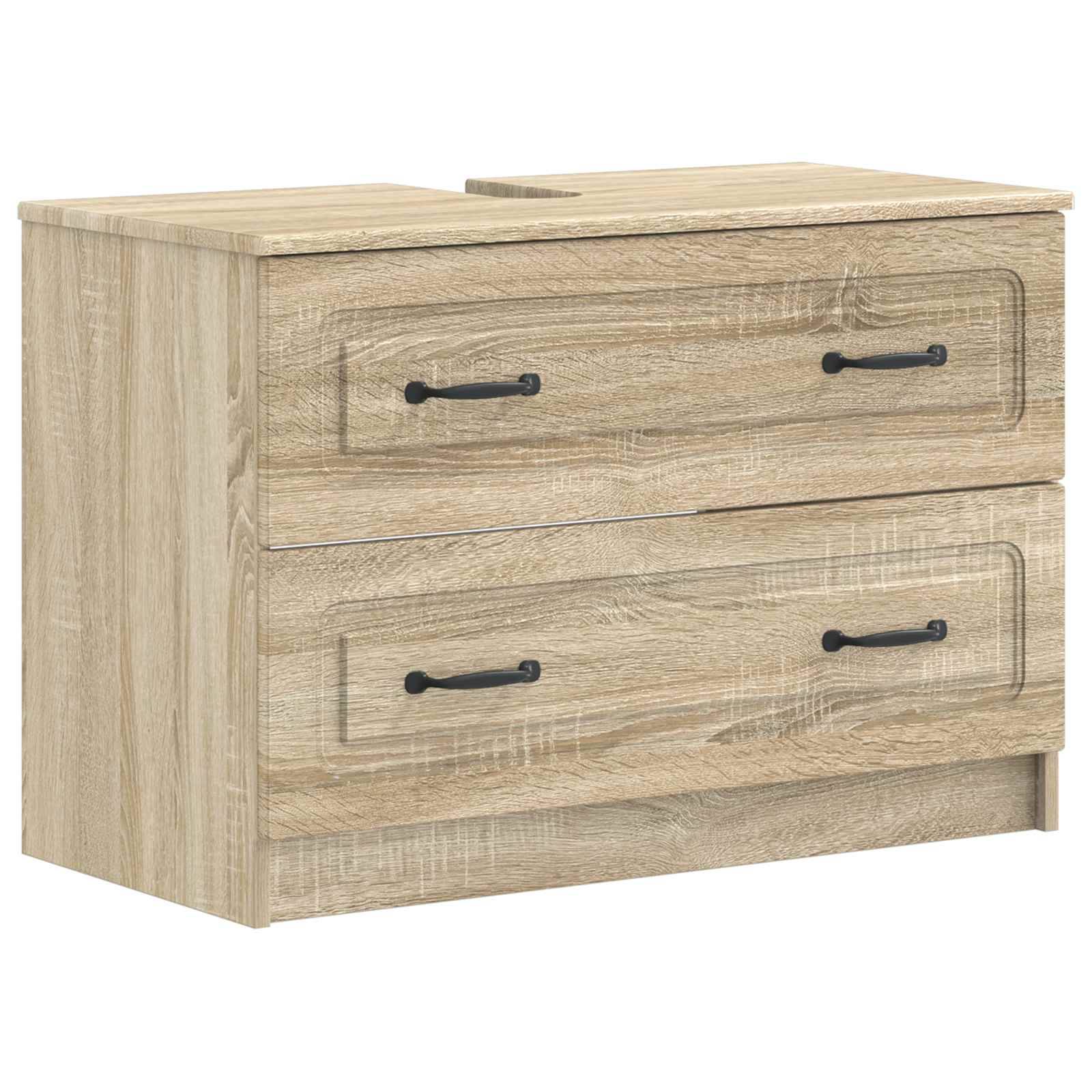 Helle Holzkommode oder Schrank mit zwei Schubladen und schwarzen Griffen auf weißem Hintergrund.