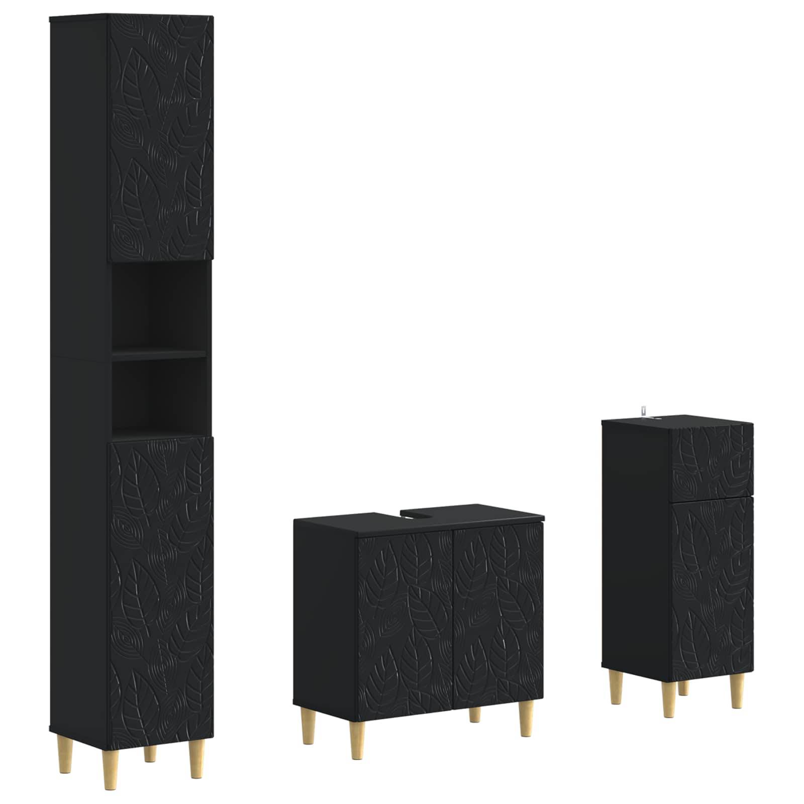 Drei schwarze strukturierte Schrankelemente mit Goldbeinen: ein hohes Regalschrank, ein niedriges Sideboard und ein kleiner Schrank, gezeigt auf weißem Hintergrund.