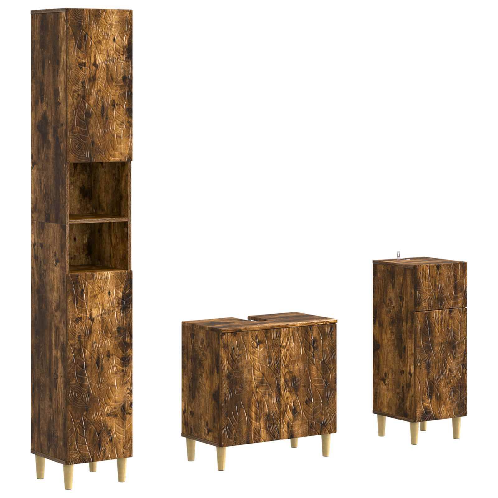 Drei Lagerschränke mit rustikalem Holzfinish und Goldbeinen: eine hohes offenes Regalfach, ein niedriges Sideboard und ein schmaler Schrank mit einer Schublade.