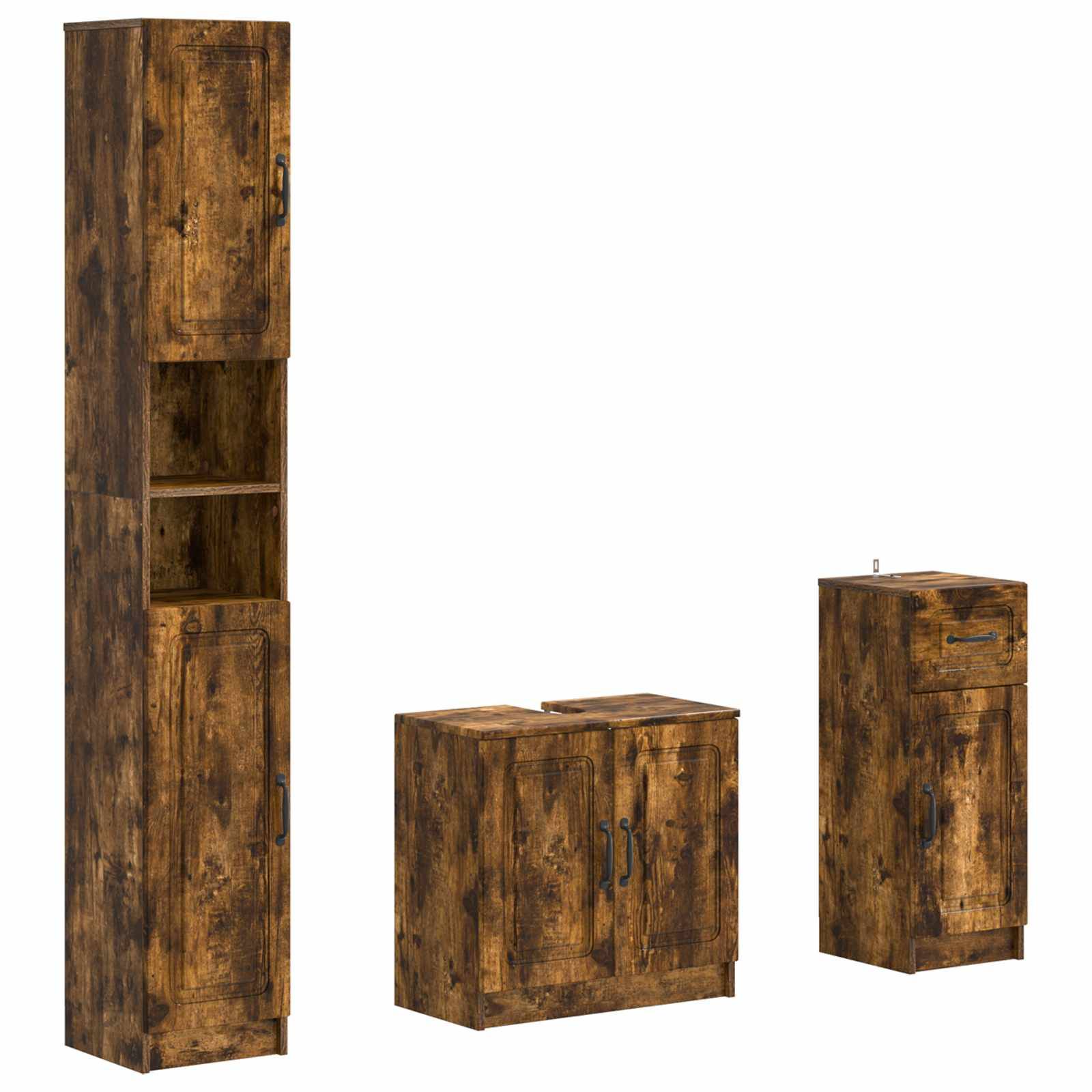 Drei rustikale Holzlagerschränke in verschiedenen Größen, darunter eine hohe schmale Einheit mit Regalen, ein niedriger Schrank mit Doppeltüren und ein kleiner Schrank mit einzelner Tür.