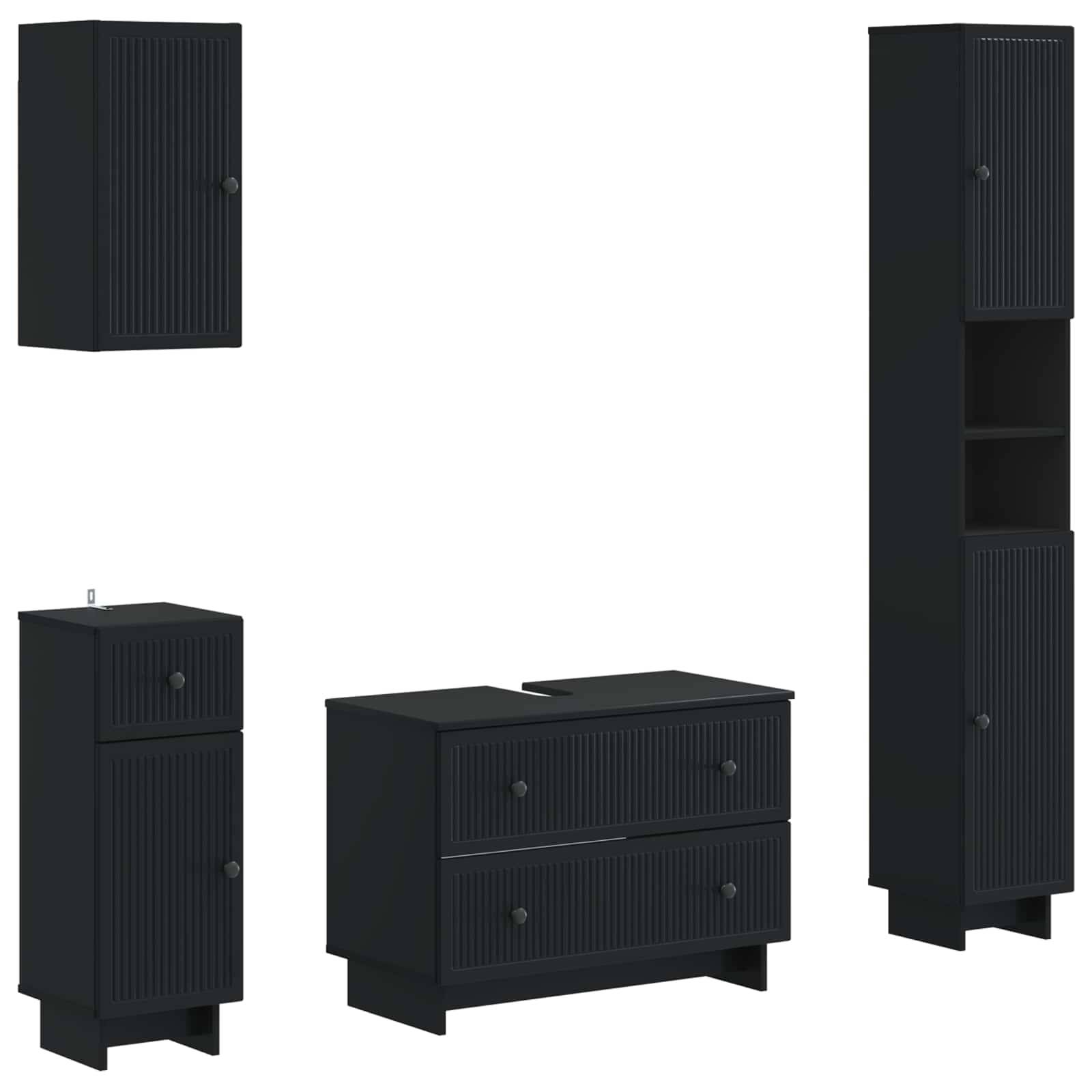 Schwarzes Badezimmerschrankset mit Riefung in mehreren Konfigurationen: Wandschrank, hoher Lagerschrank, schmaler Schrank und Waschtischeinheit mit zwei Schubladen.