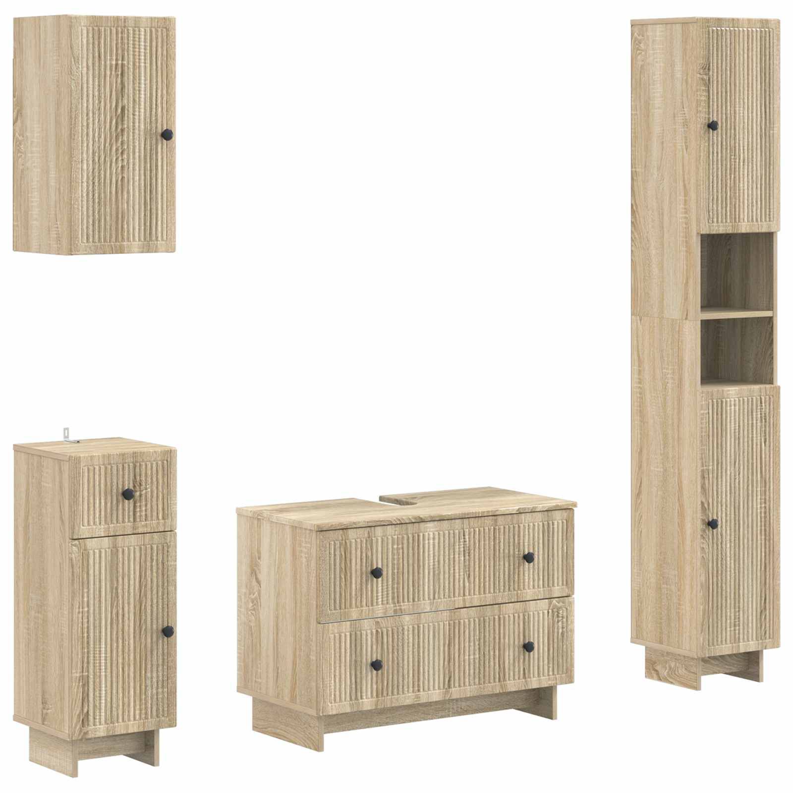 Vierteiliges Badezimmer-Aufbewahrungsset aus hellem Holz: Wandschrank, hoher Schrank mit offenen Regalen, schmaler Standschrank und Sideboard mit zwei Schubladen.
