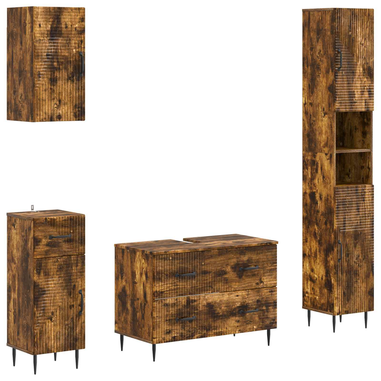 Rustikales Holzmöbelset mit vier passenden Teilen: Wandschrank, hoher Schrank, kleiner Schrank und niedrige Kommode, alle mit schwarzen Beinen.