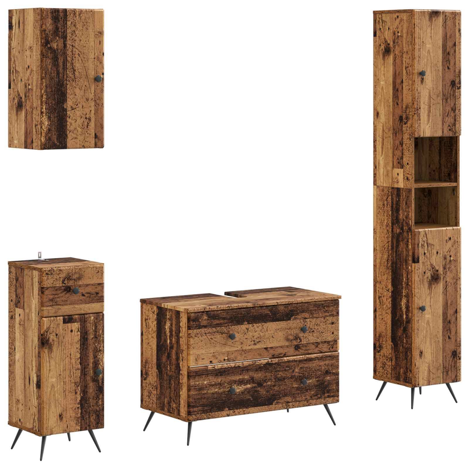 Rustikales Holzmöbelset mit einem Wandschrank, kleinem Schrank, flacher Kommode und hohem Regalsystem mit offenen Fächern und Metallbeinen.
