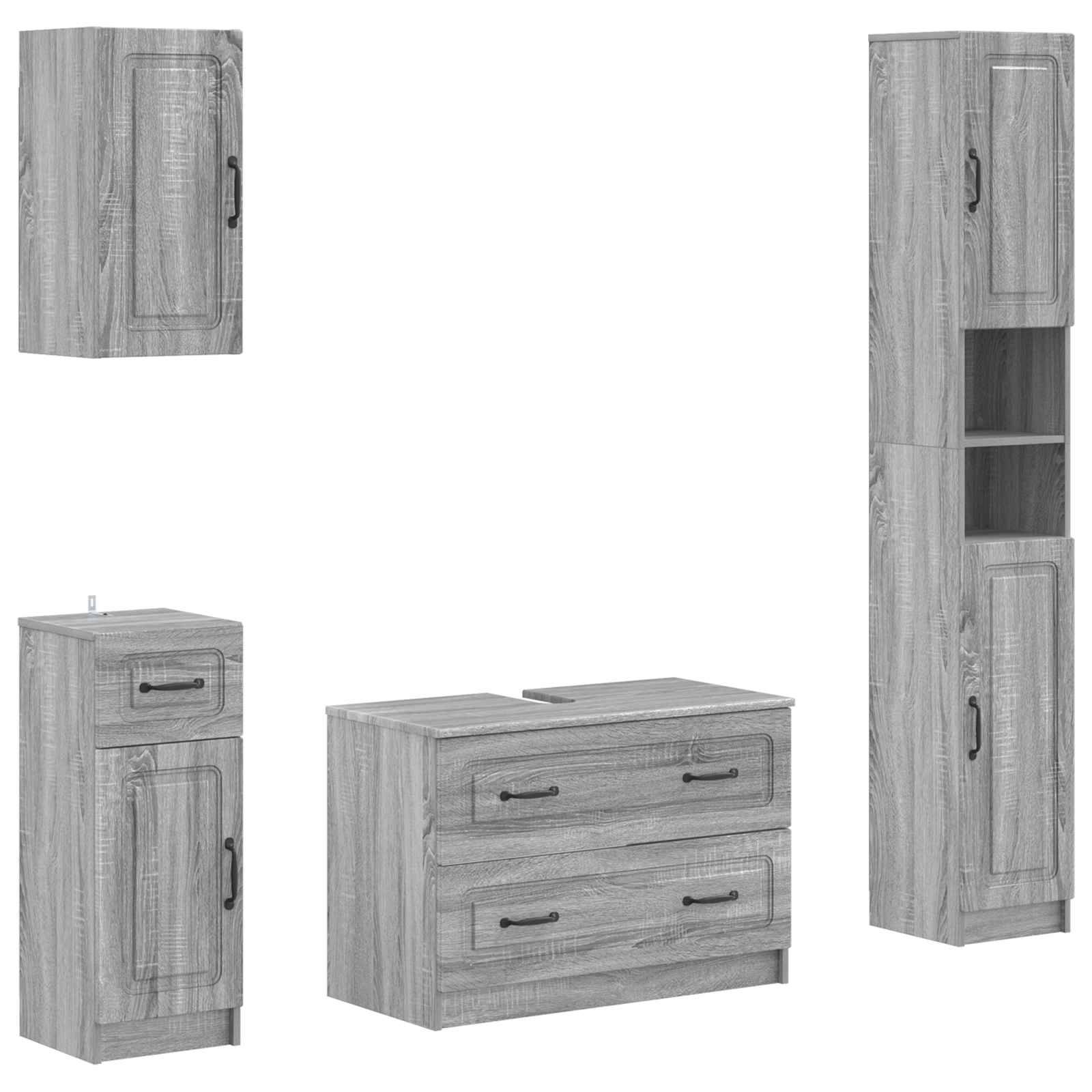Grauer Holz-Badezimmerschrank-Set mit vier Schrankteilen: Wandschrank, Unterschrank, Waschtisch mit Schubladen und hoher Wäschetower mit offenen Regalen.