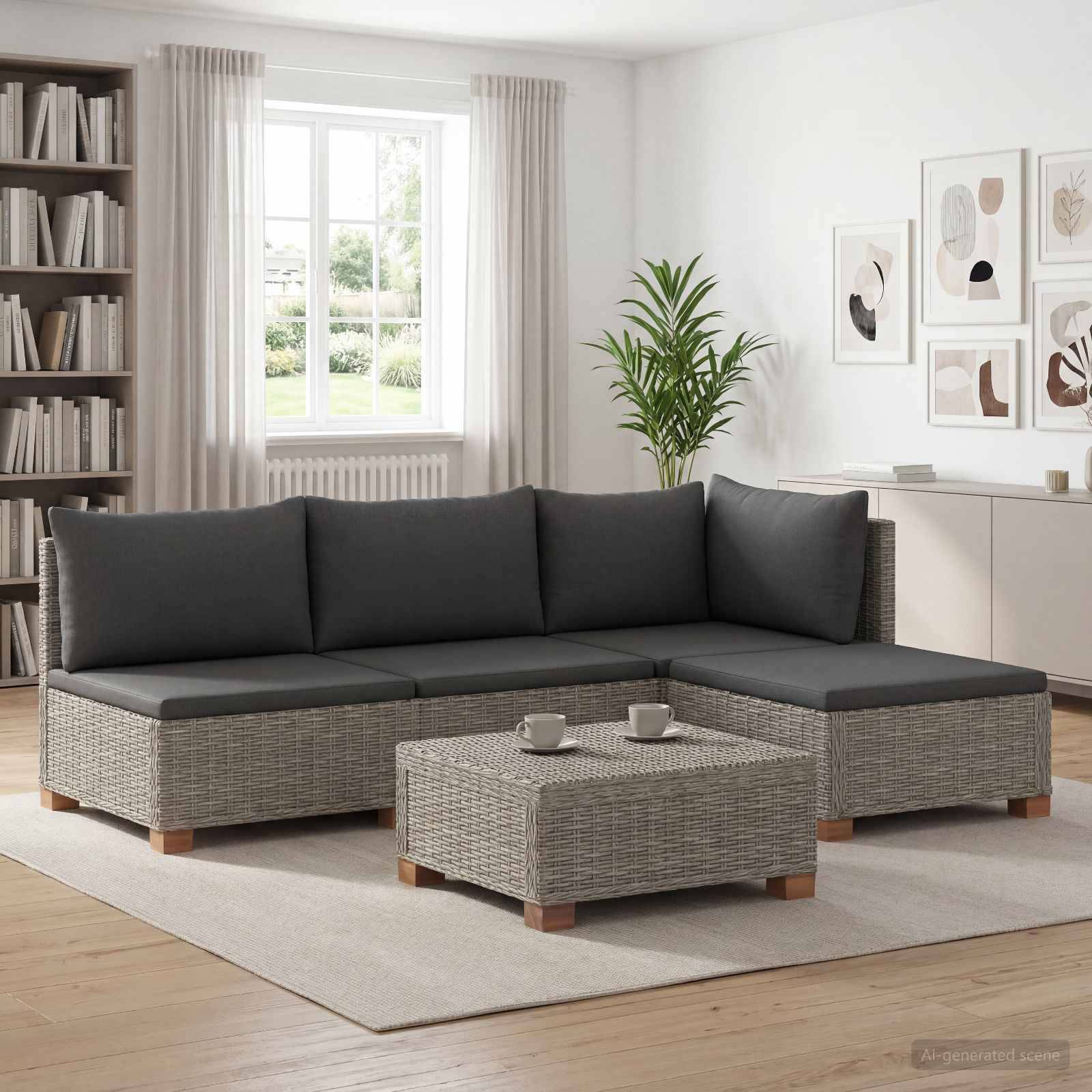 Modernes Wohnzimmer mit einem grauen Korbgeflecht-Ecksofa, passendem Couchtisch, Bücherregalen, Fenster und Wandkunst.