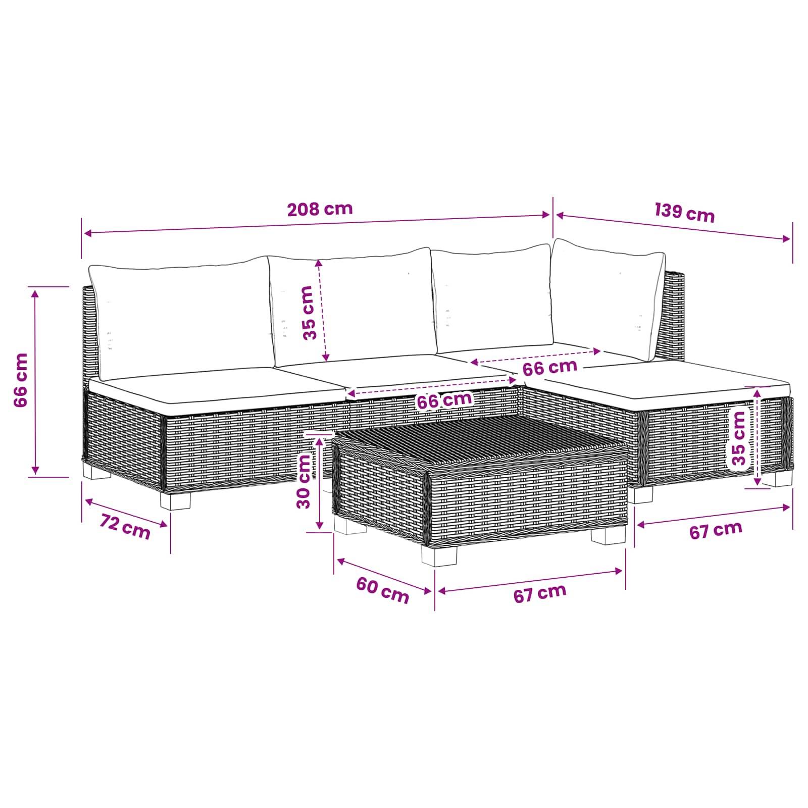 L-förmiges Outdoor-Rattansektionalsofa mit Couchtisch, mit beschrifteten Abmessungen in cm: 208/139 breit, 66 hoch, 72/67 tief, 35 Sitzhöhe, 60x67 Tisch.