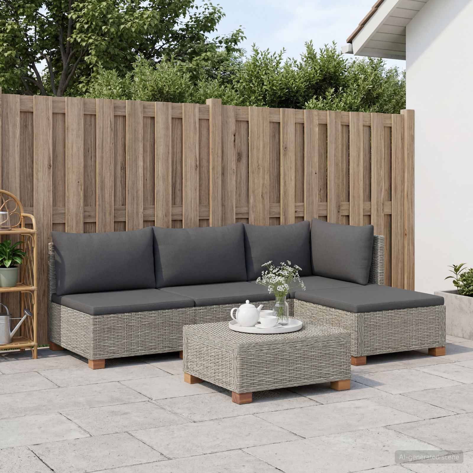Outdoor-Terrassenmöbel-Set mit grauen Kissen, gewebtem Eck-Sofa, passendem Couchtisch und kleinem Tee-Set in einem umzäunten Hinterhof.