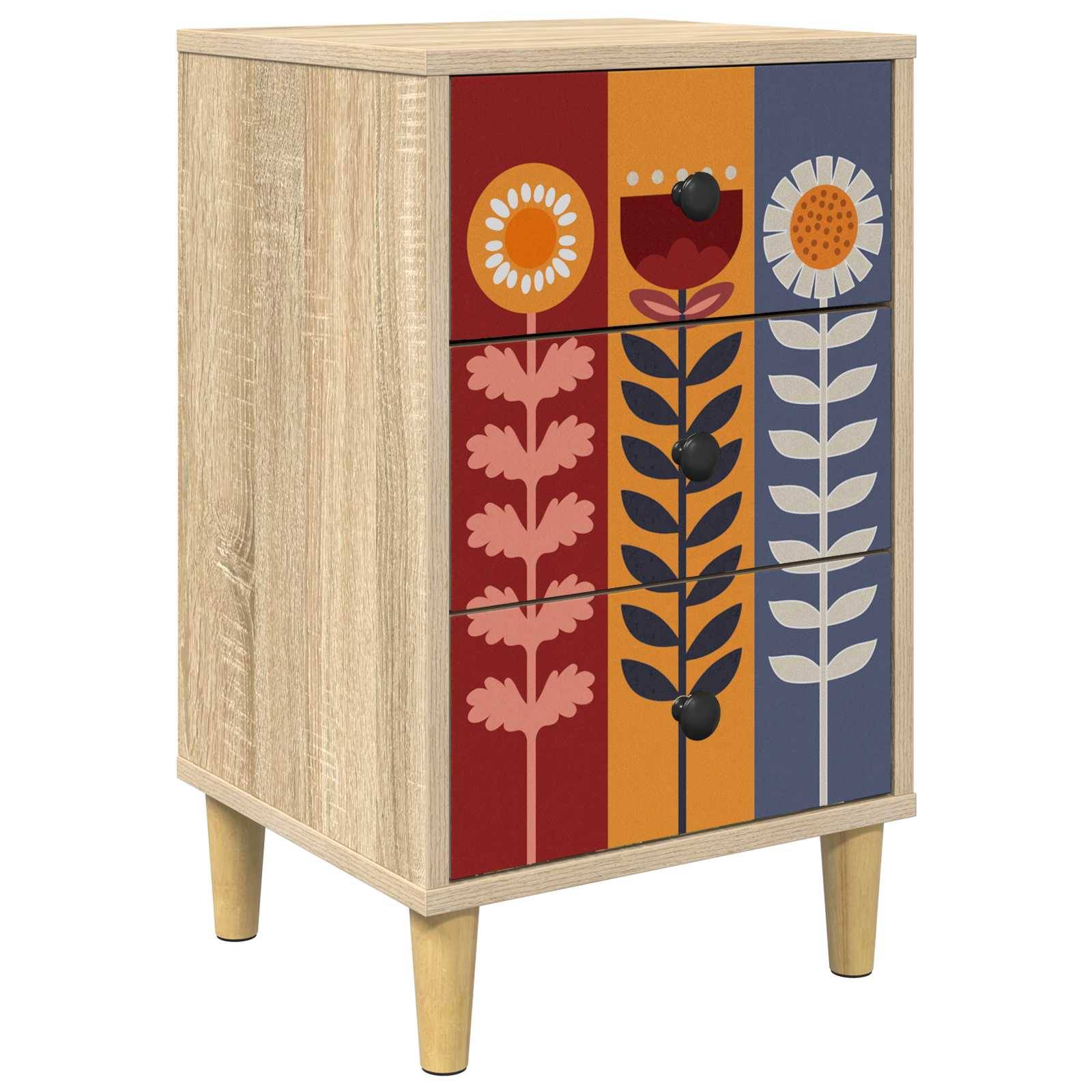Kleiner Holzschrank mit vier Beinen und farbenfrohen Frontpanelen mit floralem Muster in Rot, Orange und Blau.
