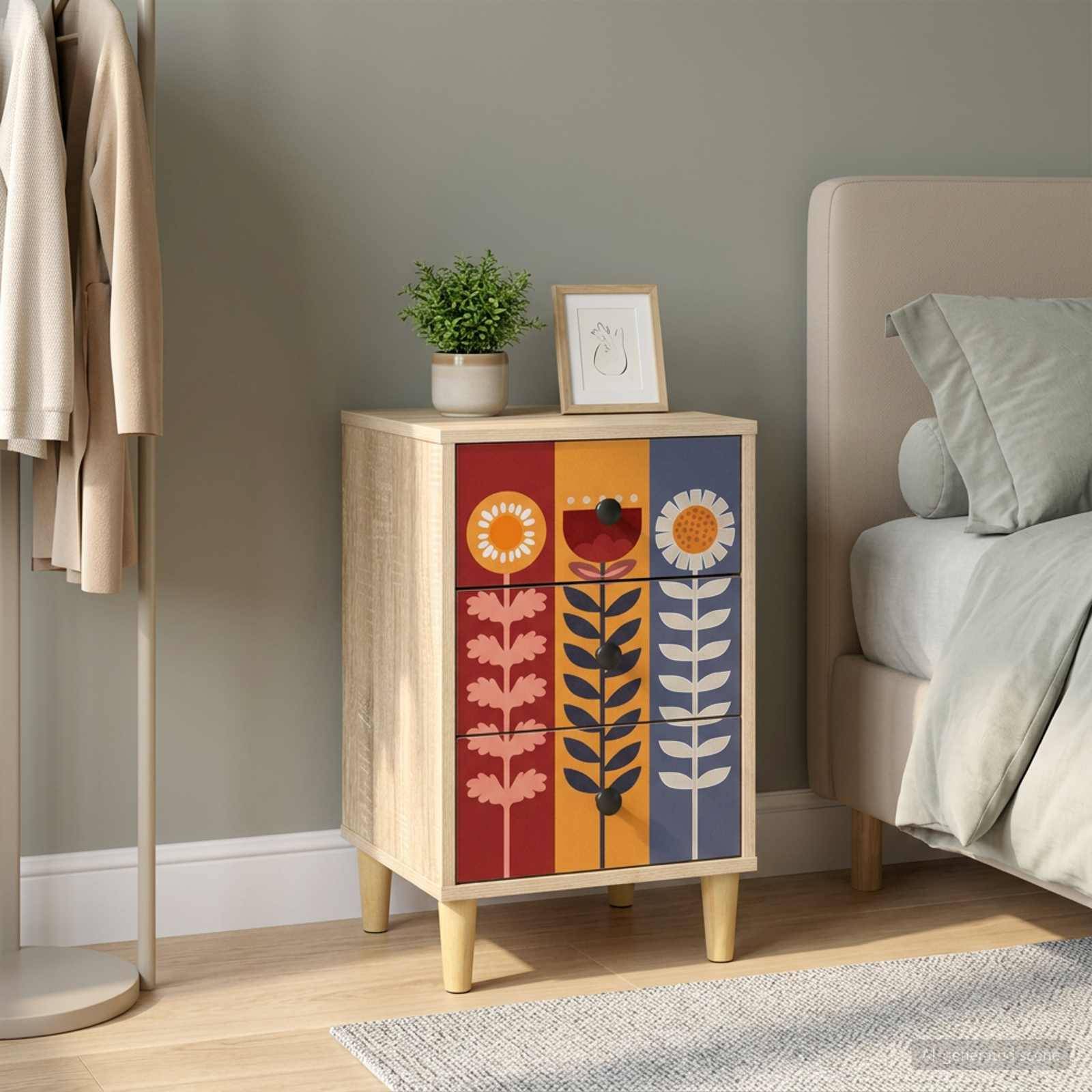 Kleiner Holznachttisch mit bunten blumenmustrigen Türen neben einem Bett, mit einer Pflanze und einem gerahmten Druck oben drauf.