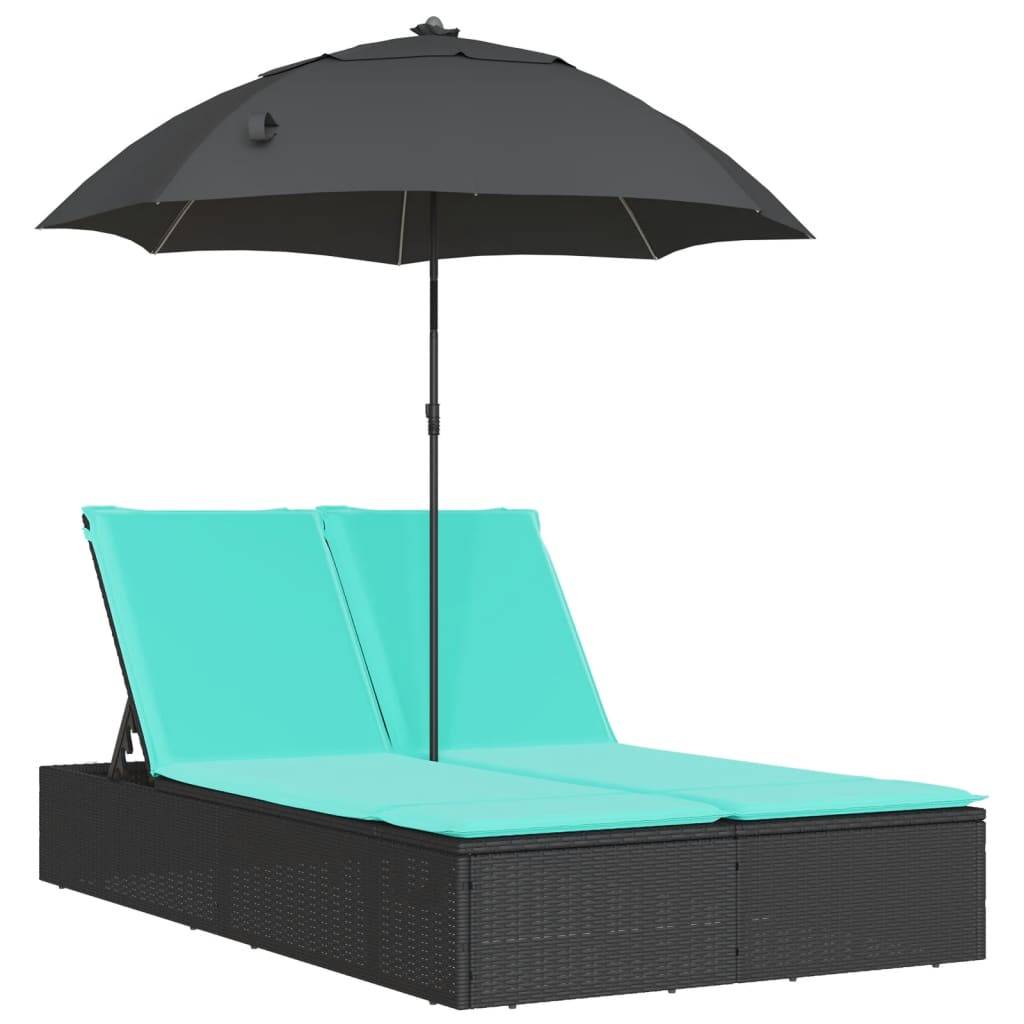 vidaXL Doppel-Sonnenliege mit Kissen&Sonnenschirm Schwarz Poly Rattan