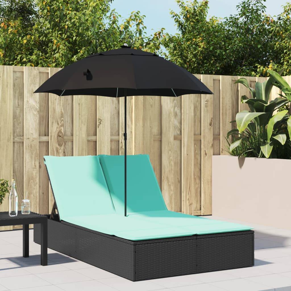 vidaXL Doppel-Sonnenliege mit Kissen&Sonnenschirm Schwarz Poly Rattan