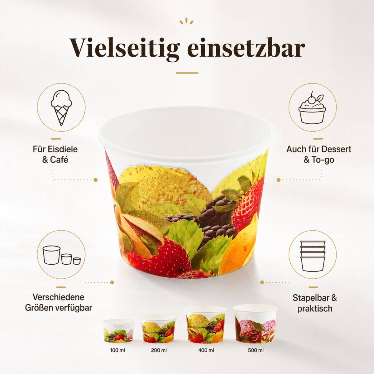 COFI Eisbecher 400 ml 200 Stück aus Pappe, großer Dessertbecher mit Fruchtmotiv