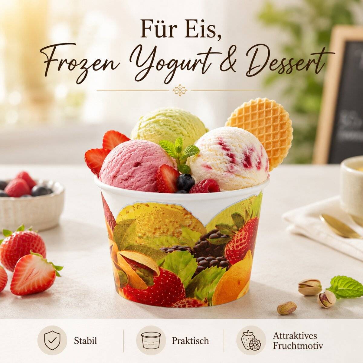 COFI Eisbecher 400 ml 200 Stück aus Pappe, großer Dessertbecher mit Fruchtmotiv