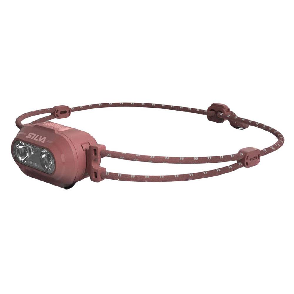 Rosa Stirnlampe mit verstellbarem elastischem Kopfband, gezeigt auf weißem Hintergrund.