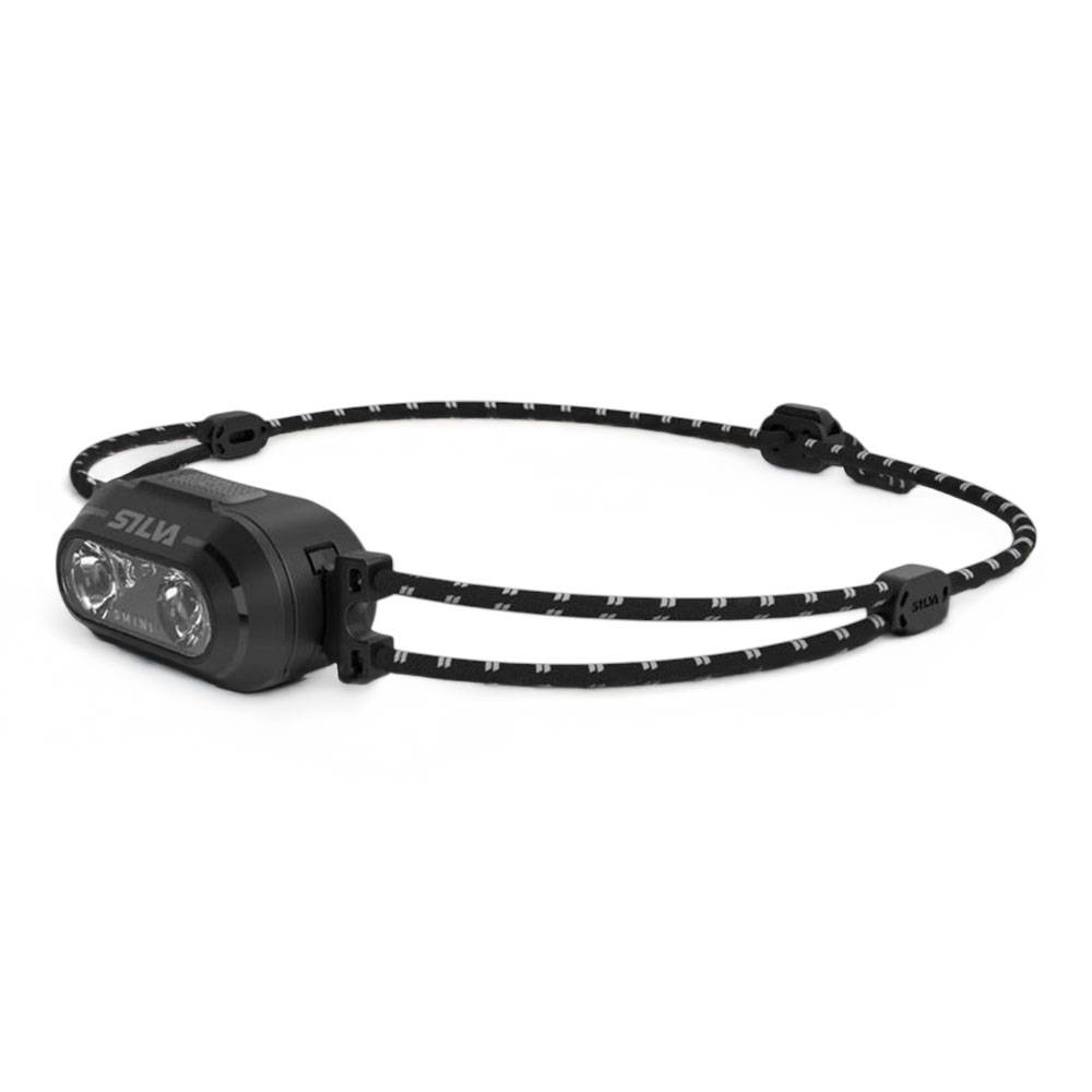 Schwarze SILVA-Stirnlampe mit elastischem Kopfband und zwei vorderen LED-Leuchten auf weißem Hintergrund.