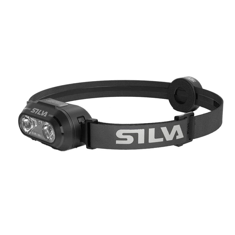 Schwarze SILVA-Stirnlampe mit verstellbarem Elastikband und dualen Frontleuchten auf weißem Hintergrund.