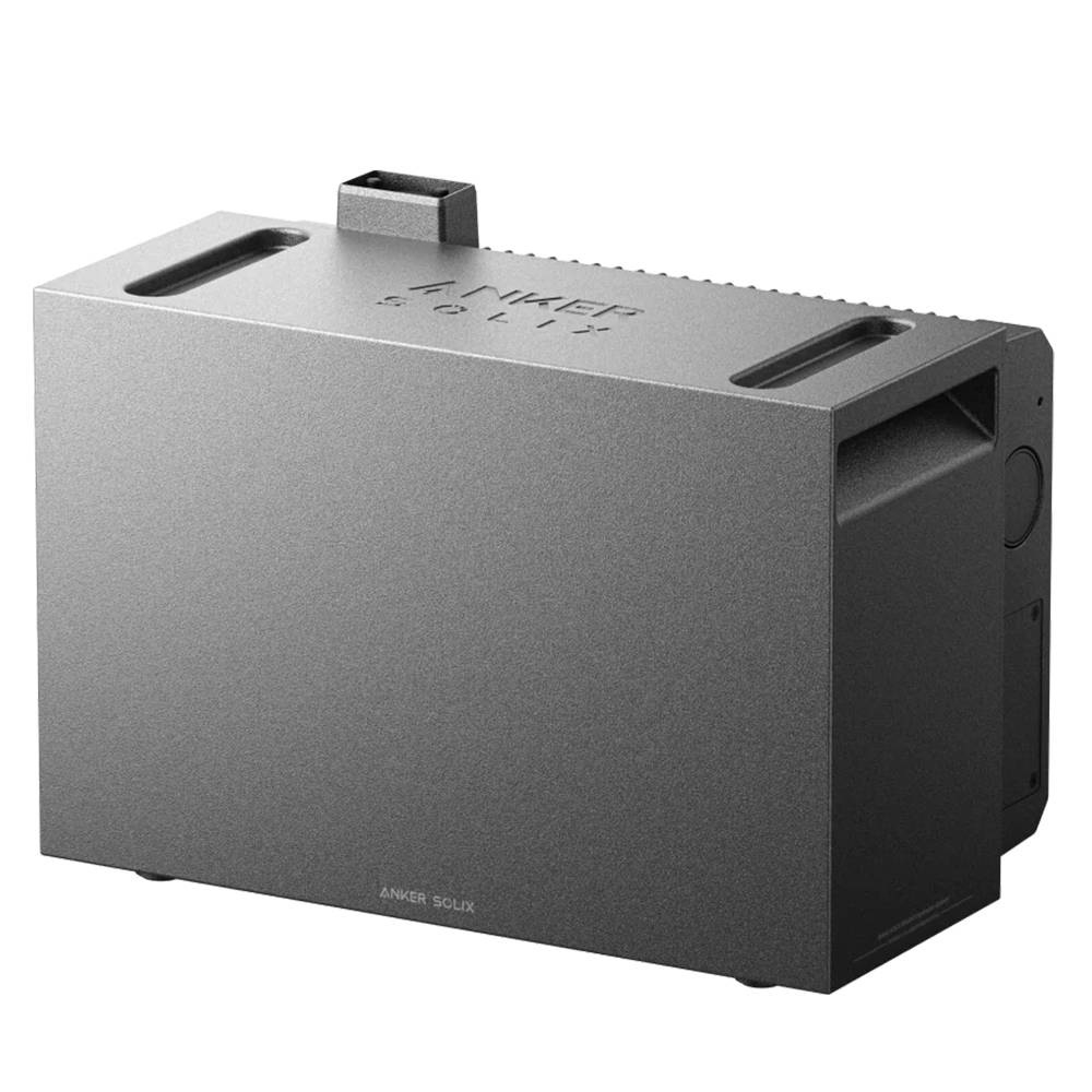 Gray Anker SOLIX tragbare Stromstation mit eingebautem Griff, gezeigt in Dreiviertelbild vor weißem Hintergrund.