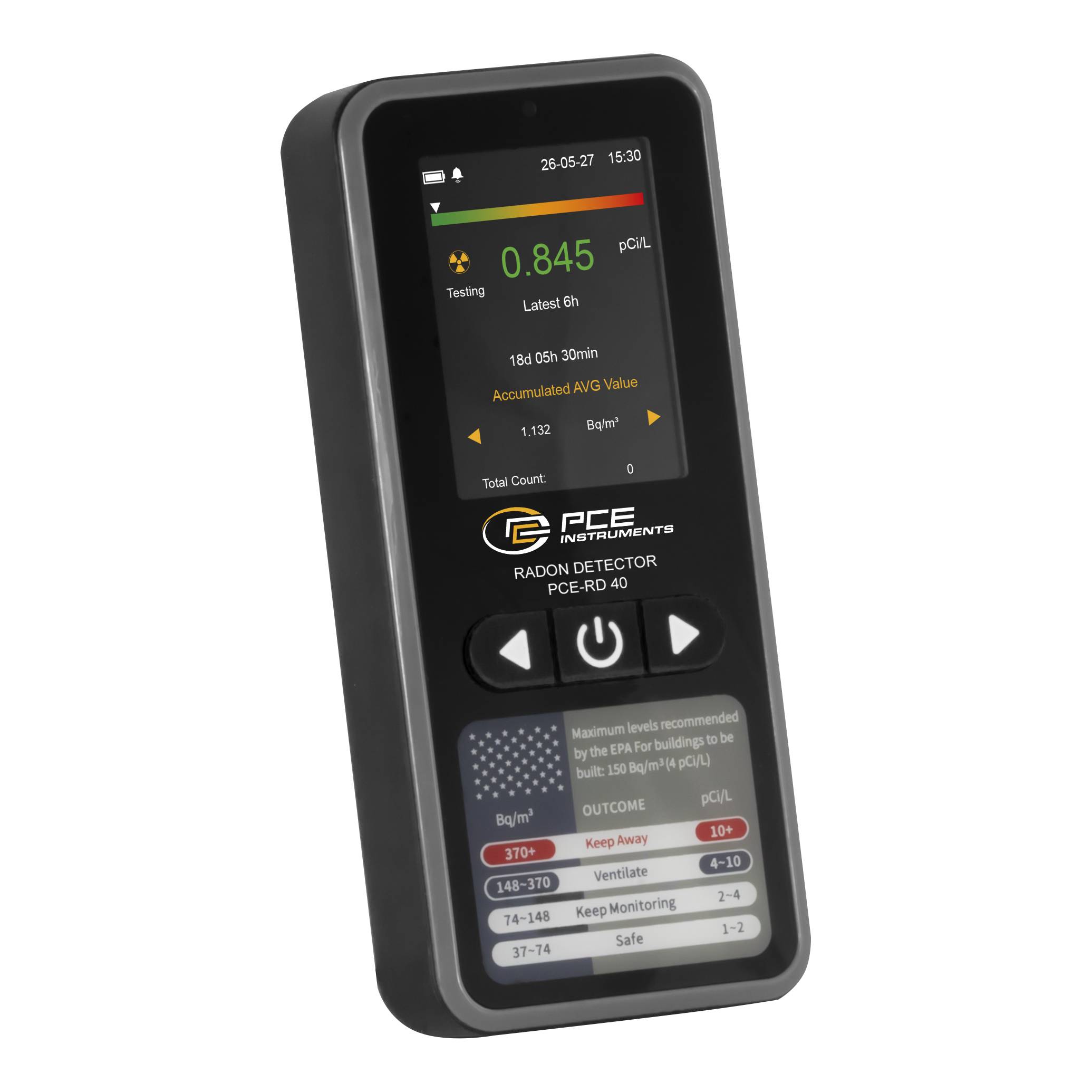 PCE Instruments Radon Montior PCE-RD 40 |3,3 Bq/m³…370000 Bq/m³ |Auflösung 1 kBq/m³|Energiesparfunktion | pCi/L, kBq/m³