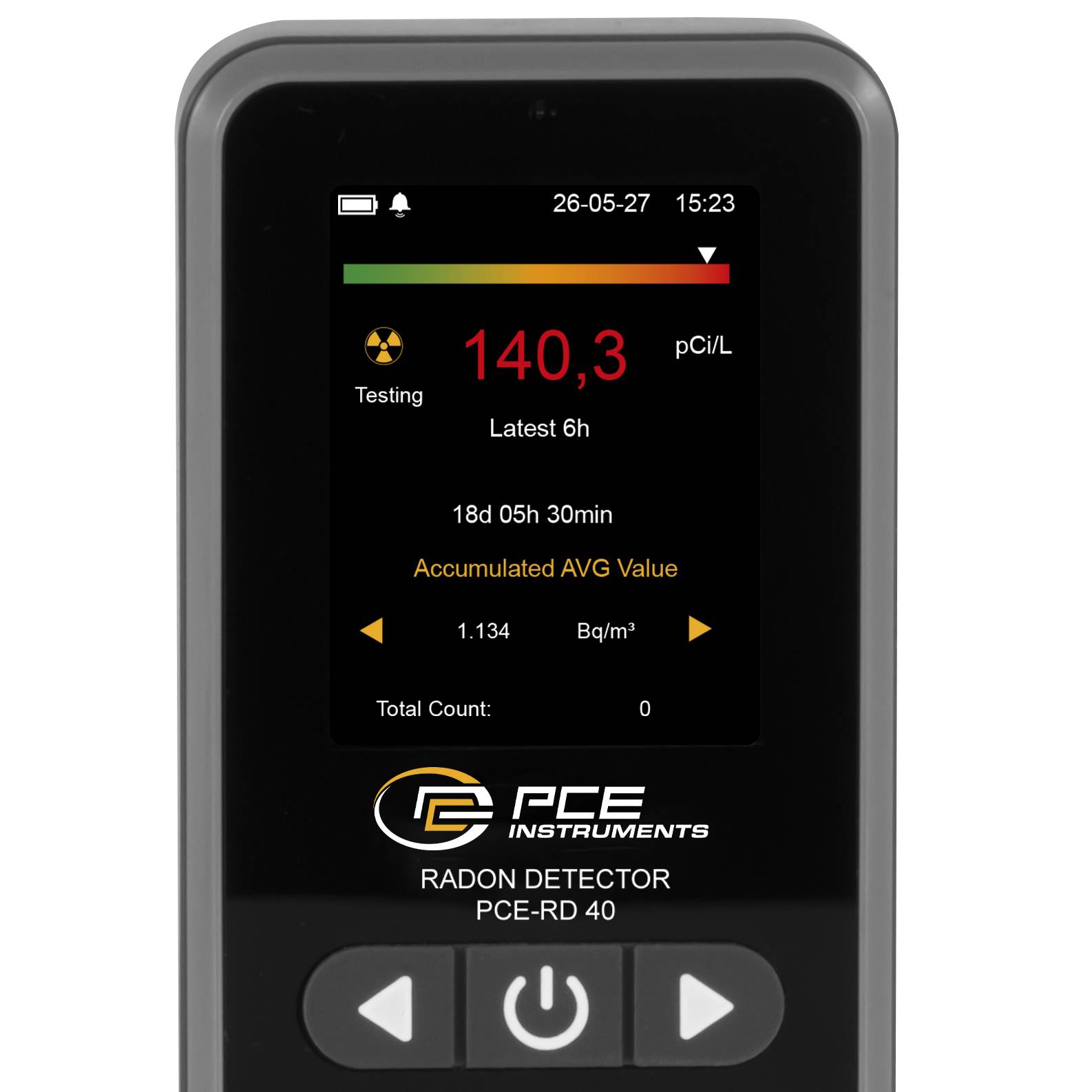 PCE Instruments Radon Montior PCE-RD 40 |3,3 Bq/m³…370000 Bq/m³ |Auflösung 1 kBq/m³|Energiesparfunktion | pCi/L, kBq/m³