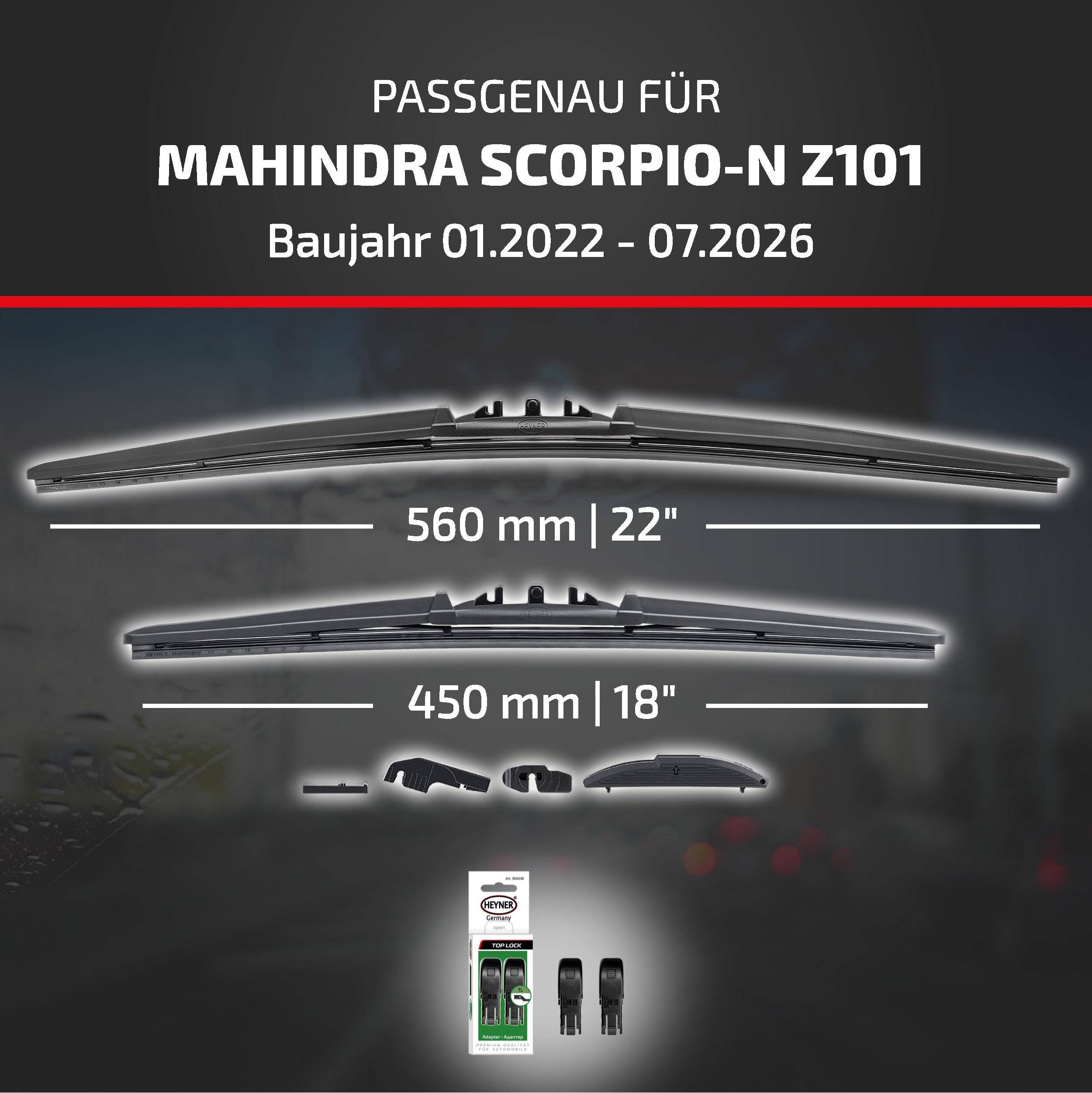 Kompatibilitätsgrafik für Mahindra Scorpio-N Z101 (01.2022-07.2026) zeigt Wischergröße: 560 mm (22