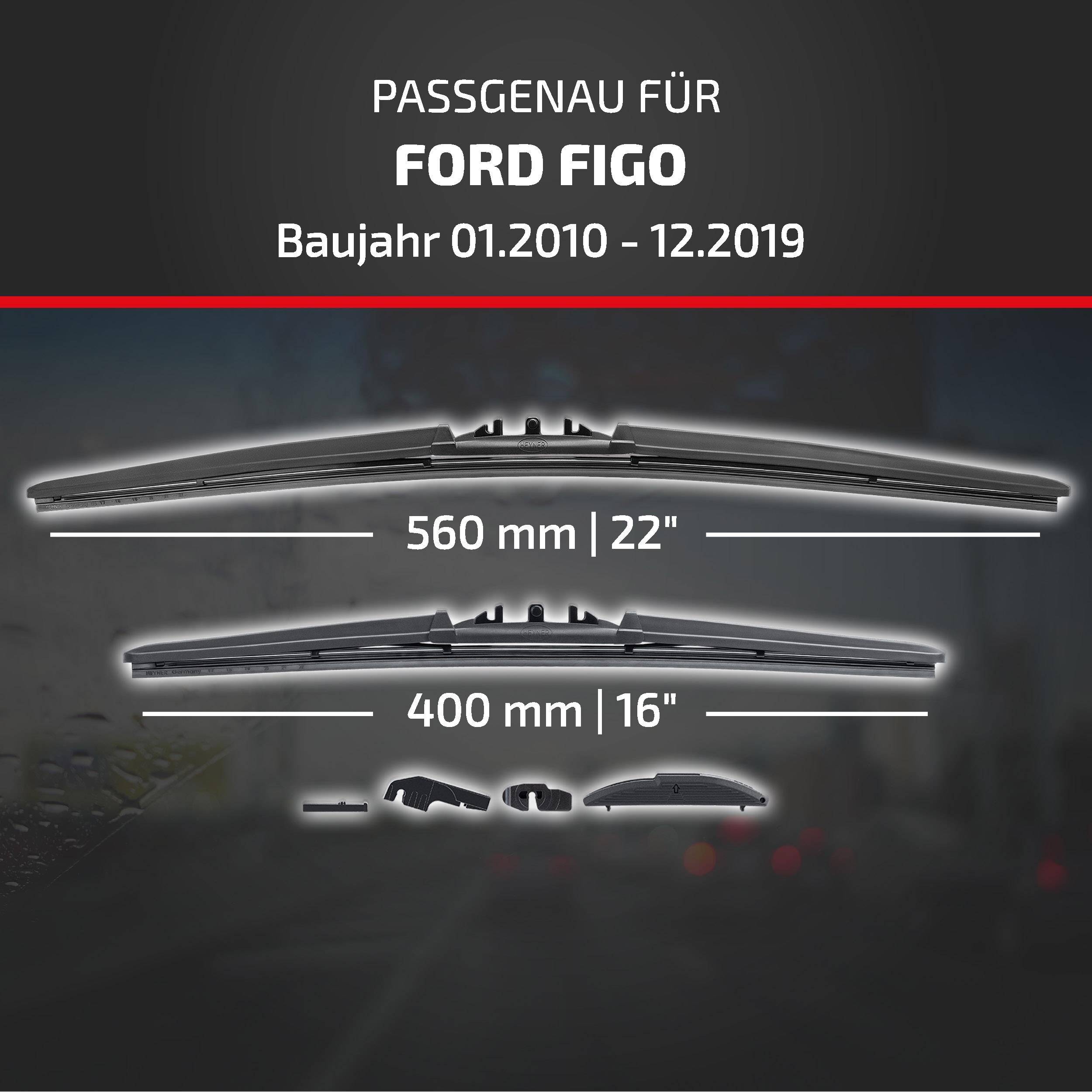 Kompatibilitätsgrafik für Ford Figo Modelle von 01/2010 bis 12/2019, die Wischblattgrößen von 560 mm (22