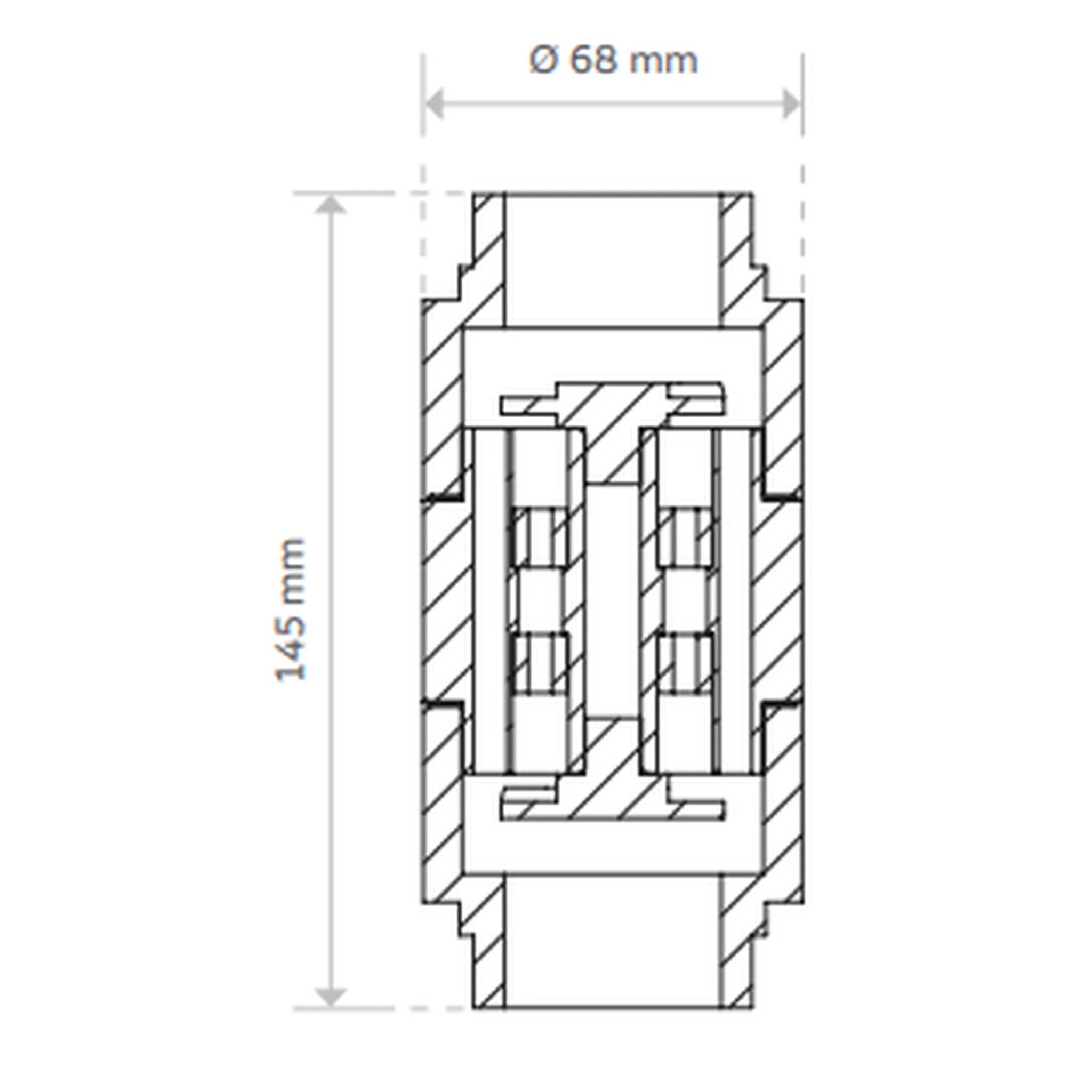 Querschnittstechnische Zeichnung einer zylindrischen Komponente, gekennzeichnet mit Ø 68 mm Breite und 145 mm Höhe, zeigt interne Struktur und Abmessungen.