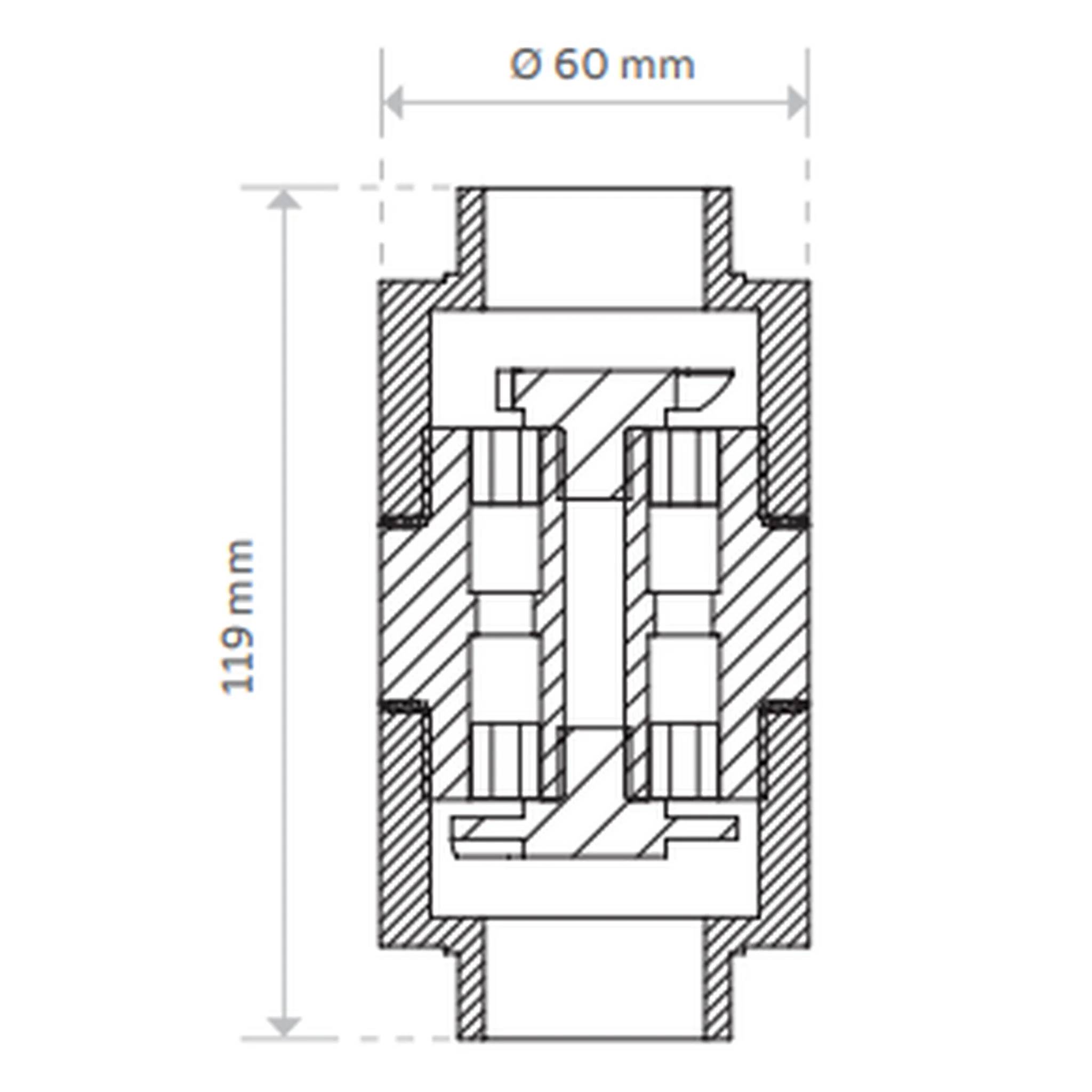 Technische Querschnittszeichnung einer zylindrischen mechanischen Komponente, gekennzeichnet mit Ø 60 mm Breite und 119 mm Höhe, zeigt interne Teile und Struktur.