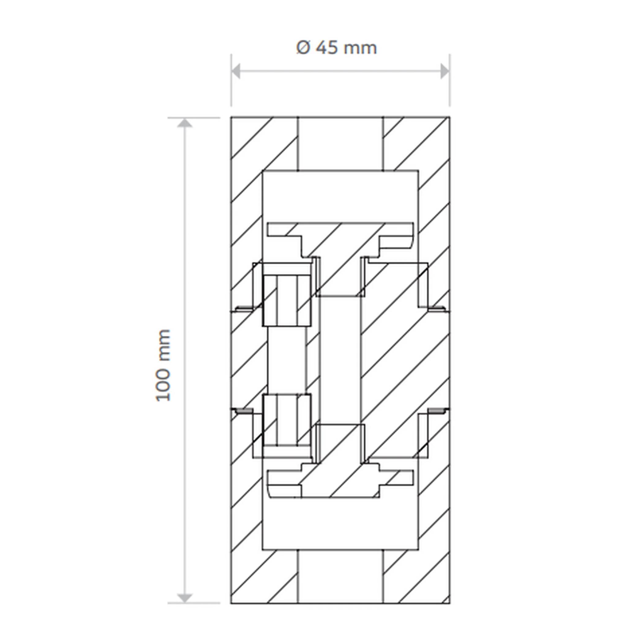 Technischer Querschnitt einer zylindrischen mechanischen Komponente, gekennzeichnet mit 45 mm Breite und 100 mm Höhe, zeigt interne Teile und Schnittansicht der Struktur.