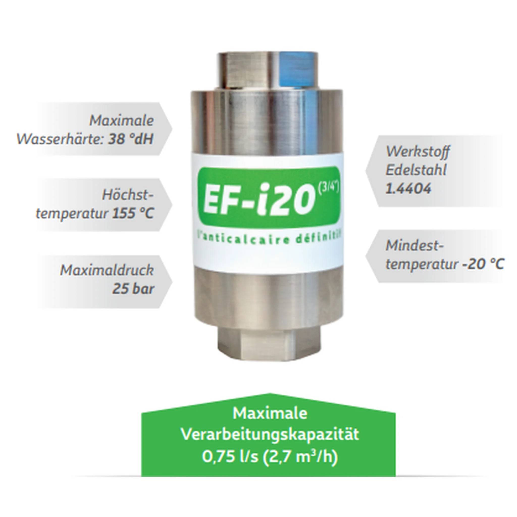 Produktbild einer EF-120 Edelstahl-Wasserbehandlungsanlage, gekennzeichnet mit maximaler Härte 38°dH, maximaler Temperatur 155°C, maximaler Druck 25 bar, minimaler Temperatur -20°C und Kapazität 0,75 l/s (2,7 m³/h).