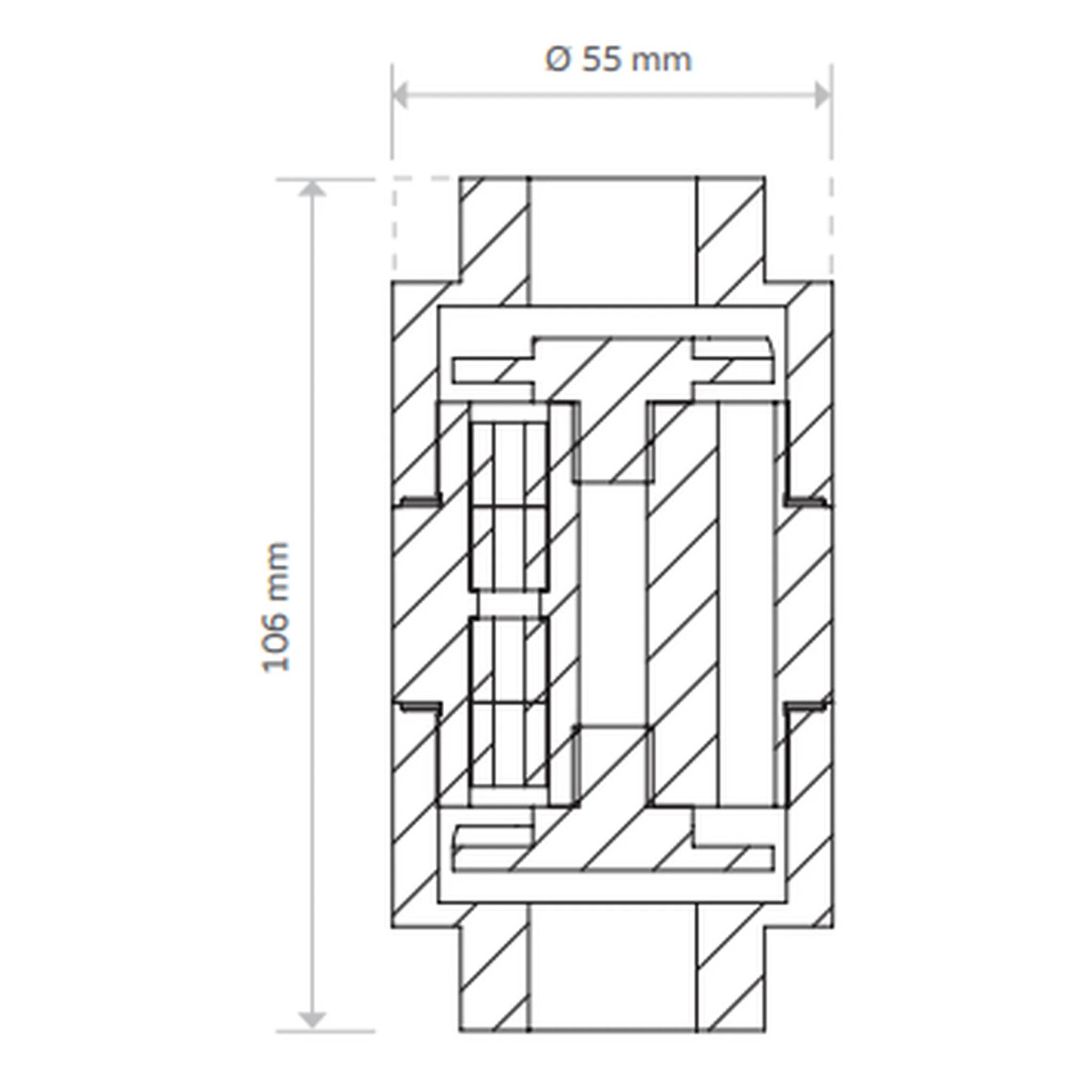 Querschnittliche technische Zeichnung eines zylindrischen mechanischen Teils, gekennzeichnet mit 55 mm Breite und 106 mm Höhe, mit dargestellten inneren Komponenten und schattierten Materialflächen.